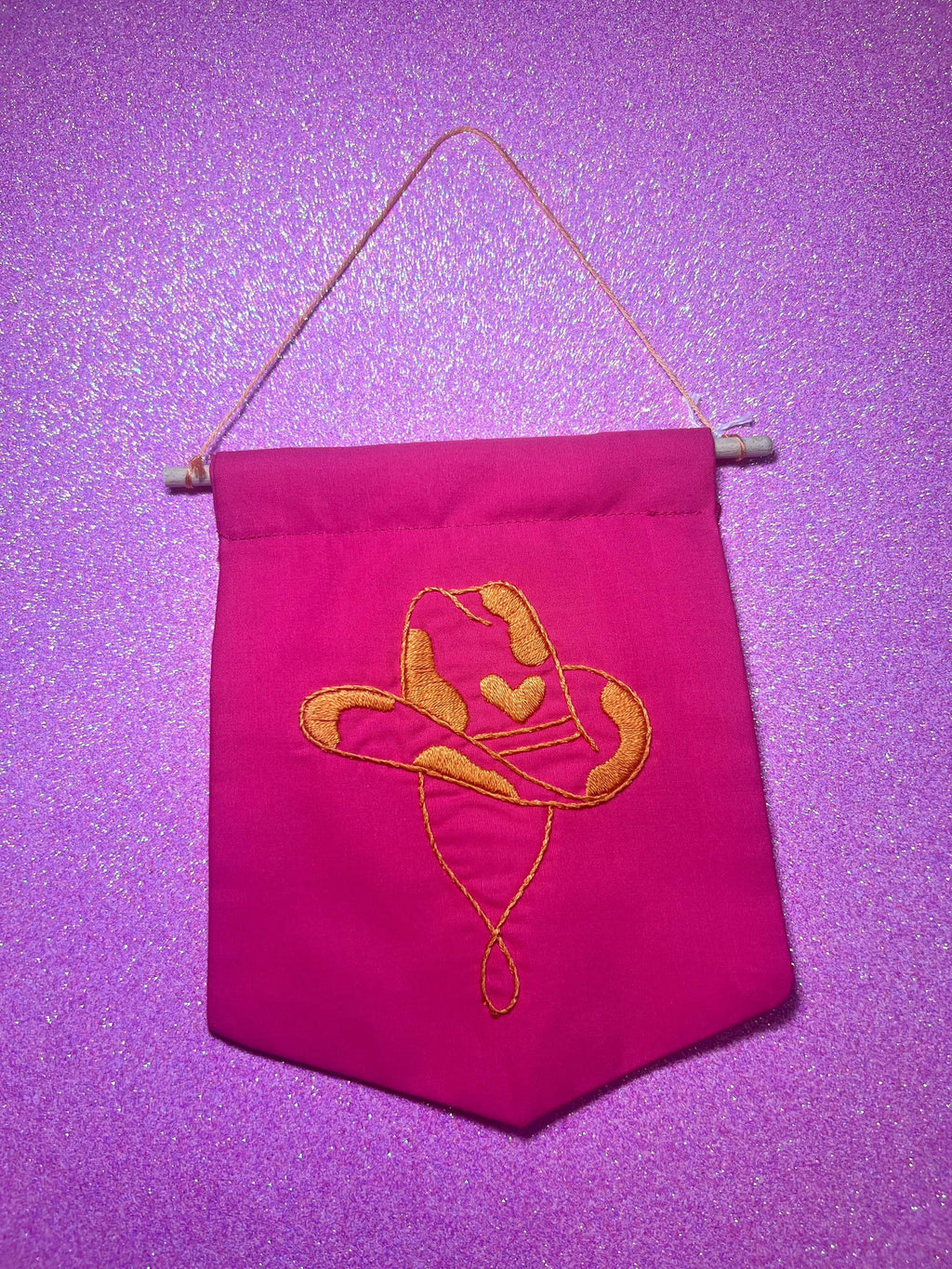 Neon Pink and Orange Cow Cowboy Hat Finished Embroidered Wall Hanging