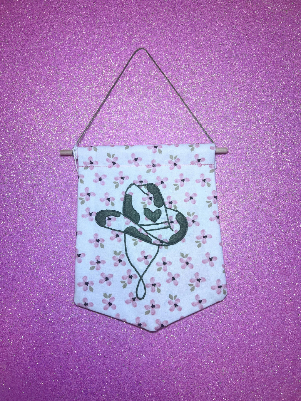 Pink Floral and Green Cow Cowboy Hat Finished Embroidered Wall Hanging