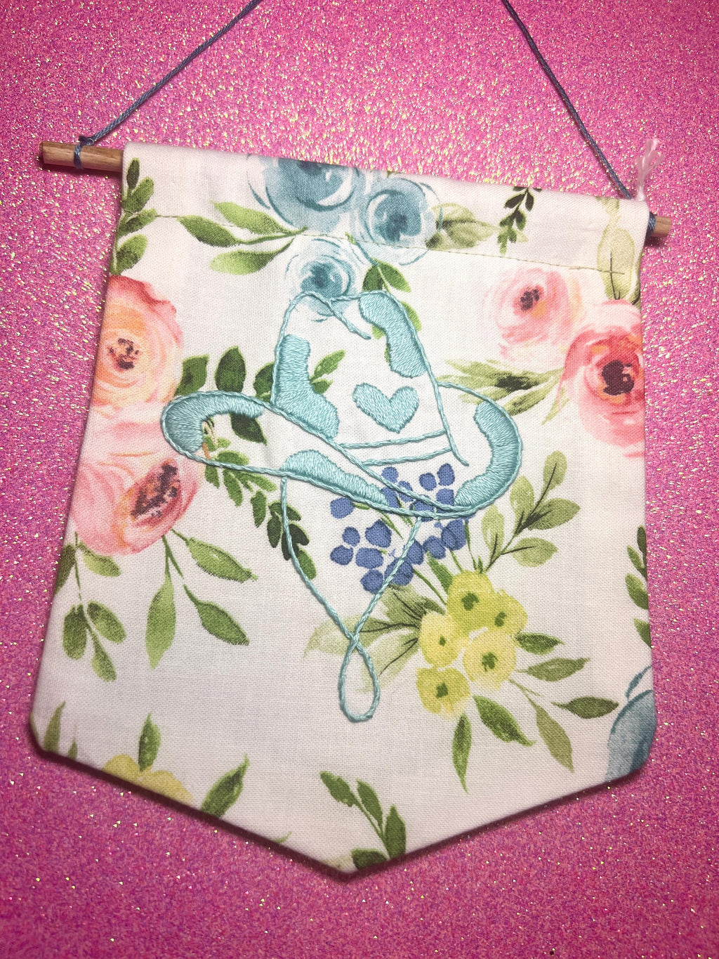 Blue Floral Cow Cowboy Hat Finished Embroidered Wall Hanging