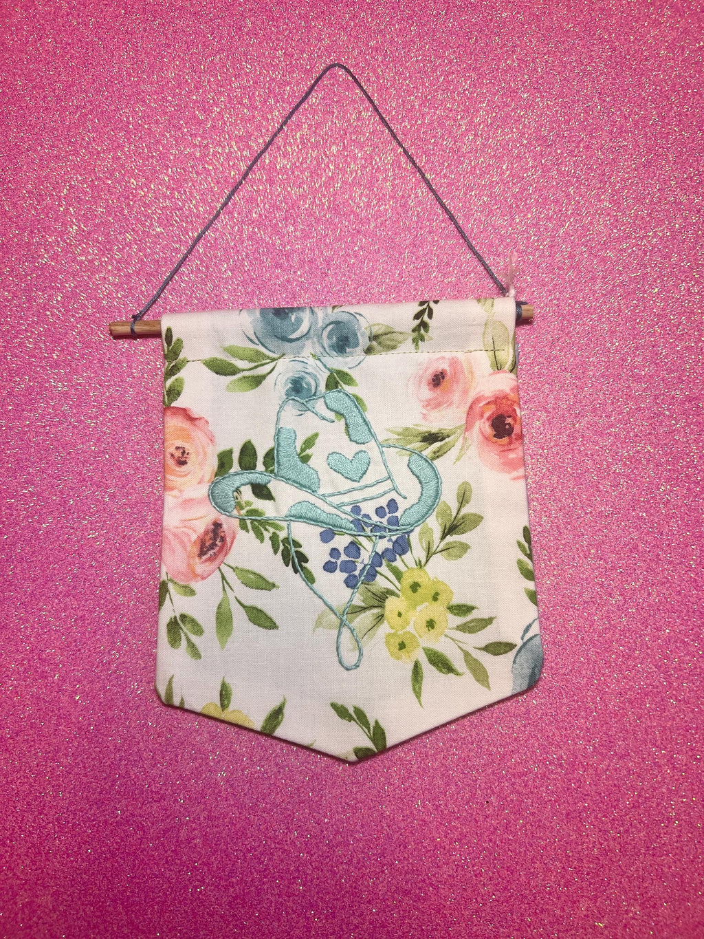 Blue Floral Cow Cowboy Hat Finished Embroidered Wall Hanging