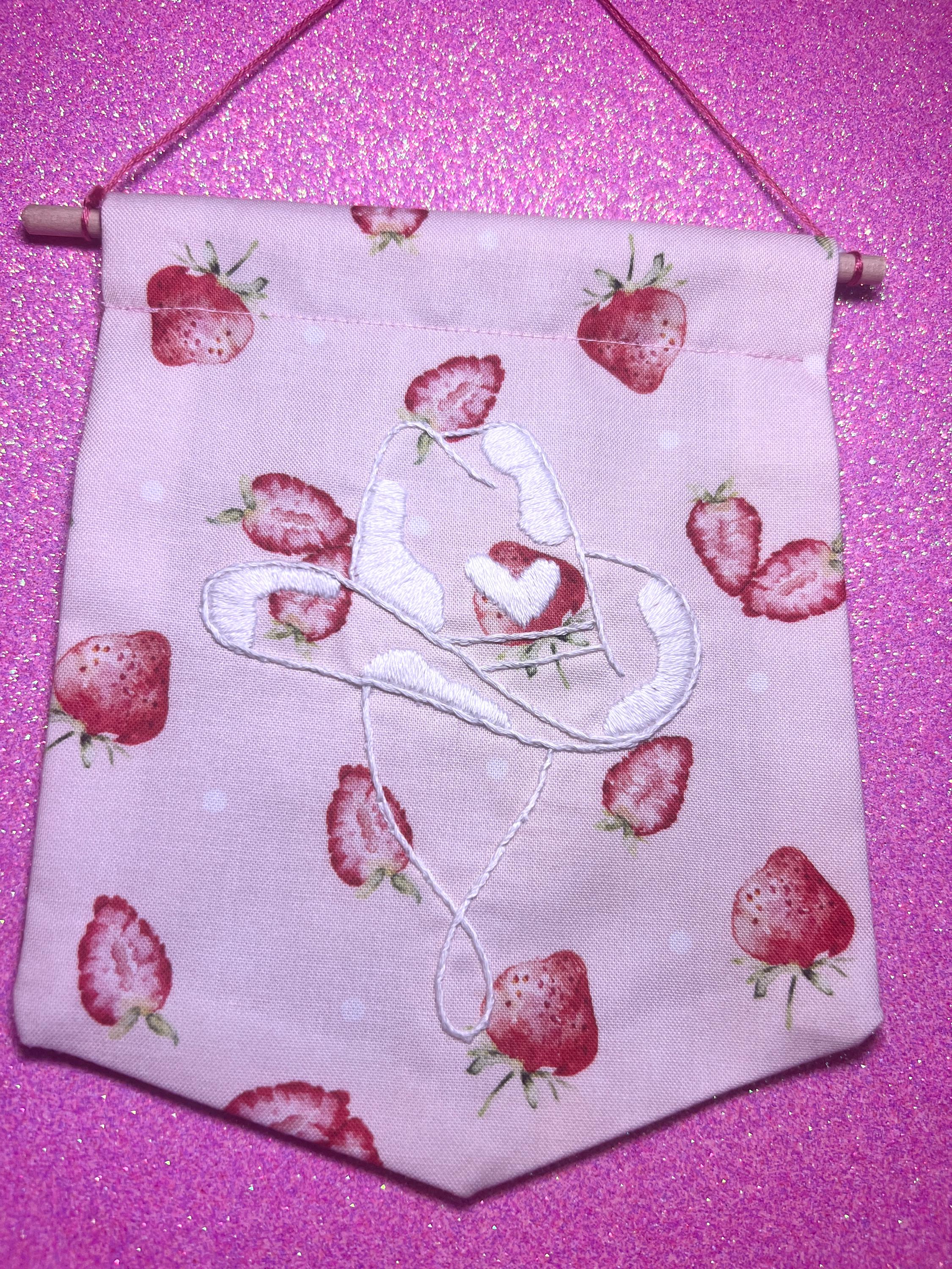 Pink Strawberry Cow Cowboy Hat Finished Embroidered Wall Hanging