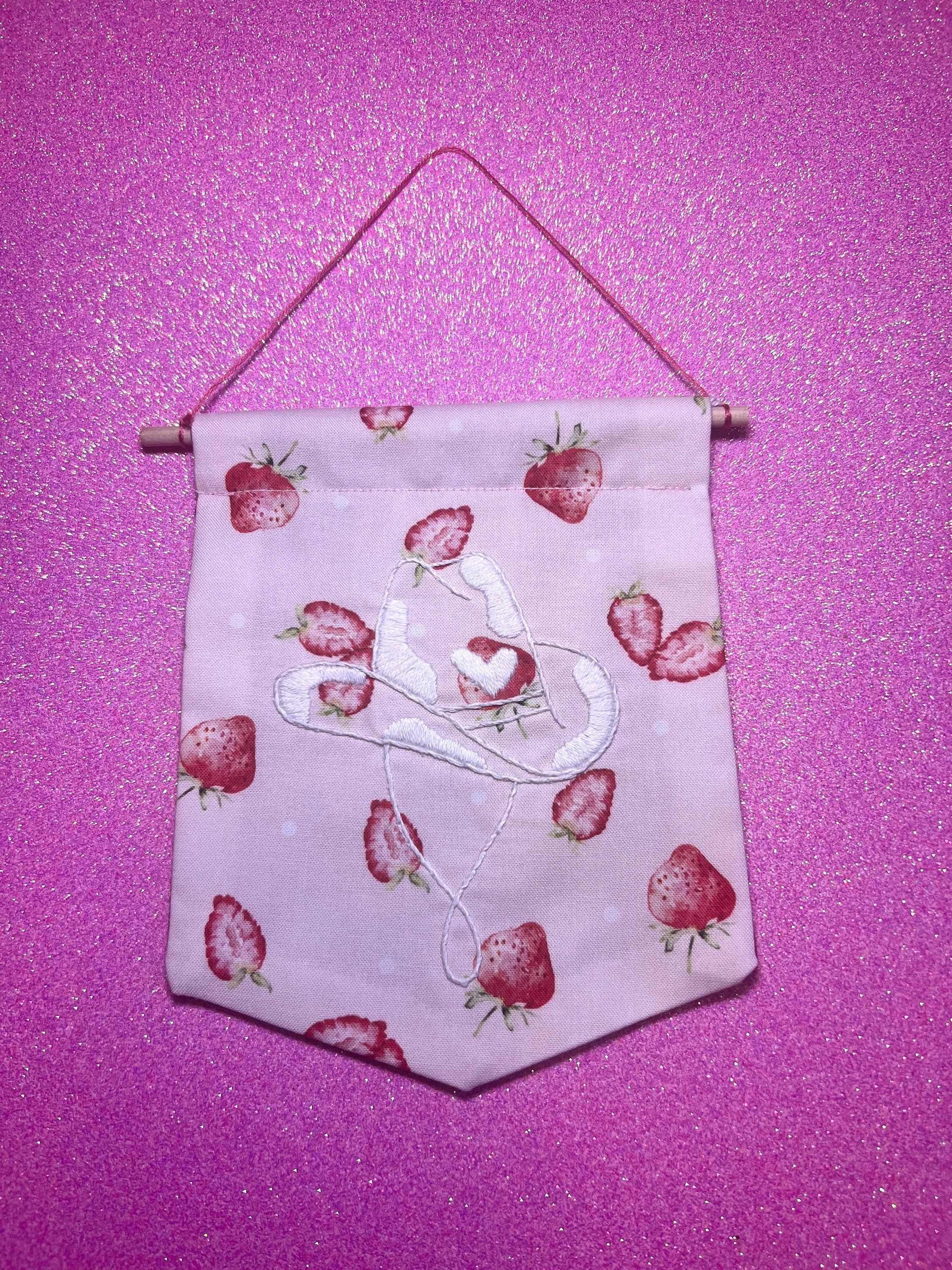 Pink Strawberry Cow Cowboy Hat Finished Embroidered Wall Hanging