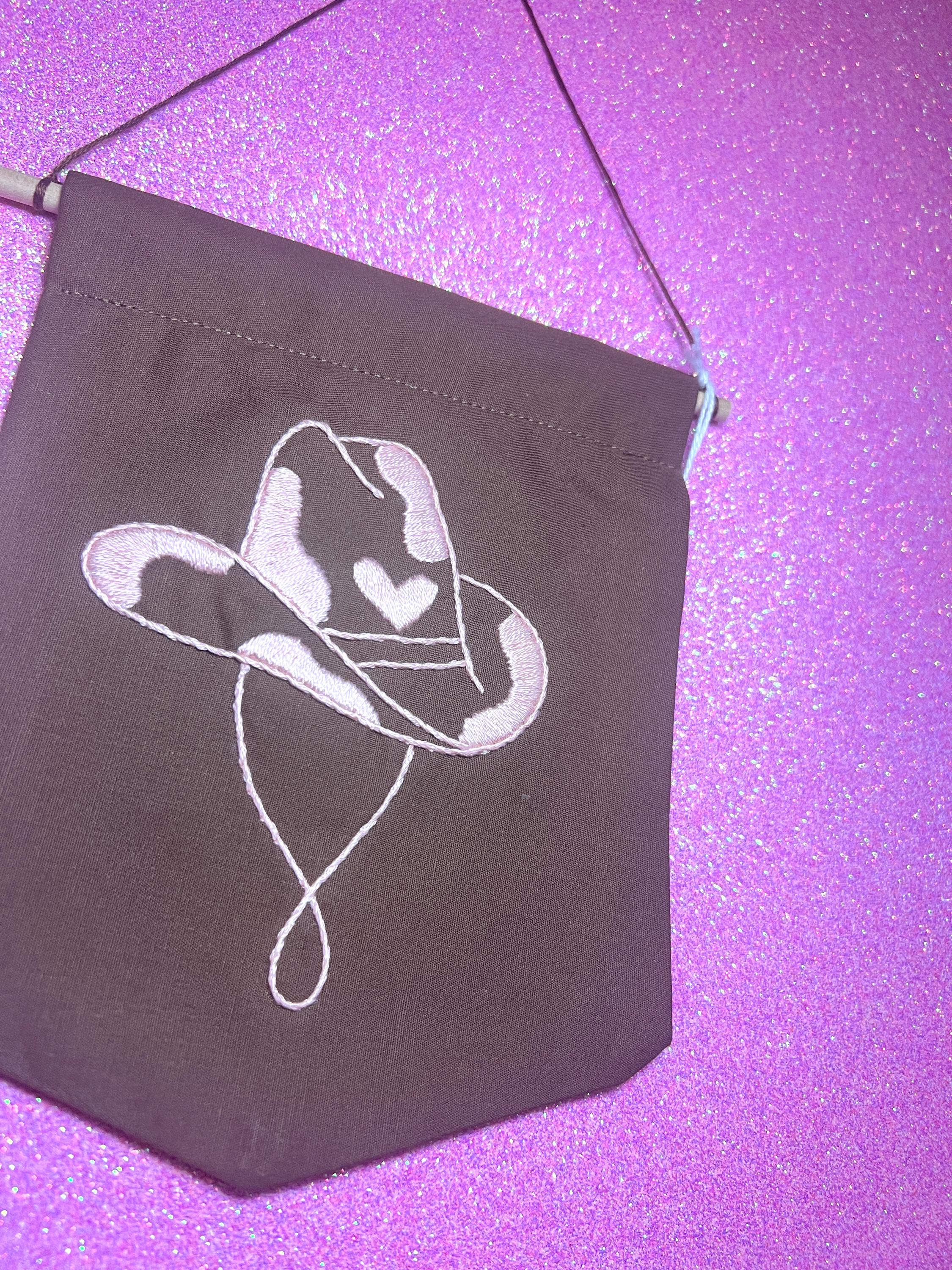 Brown and Pink Cow Cowboy Hat Finished Embroidered Wall Hanging