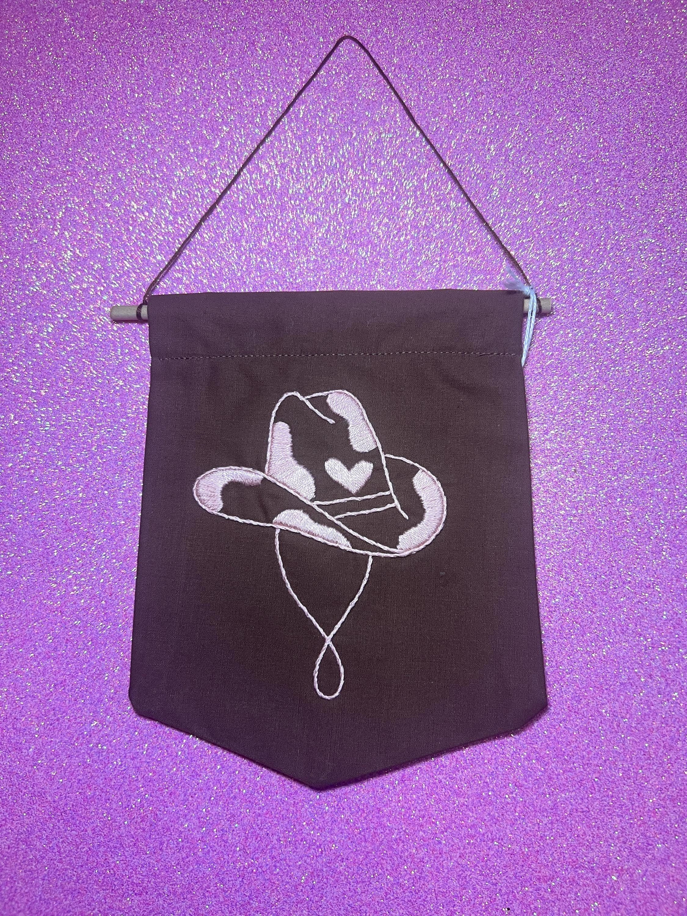 Brown and Pink Cow Cowboy Hat Finished Embroidered Wall Hanging
