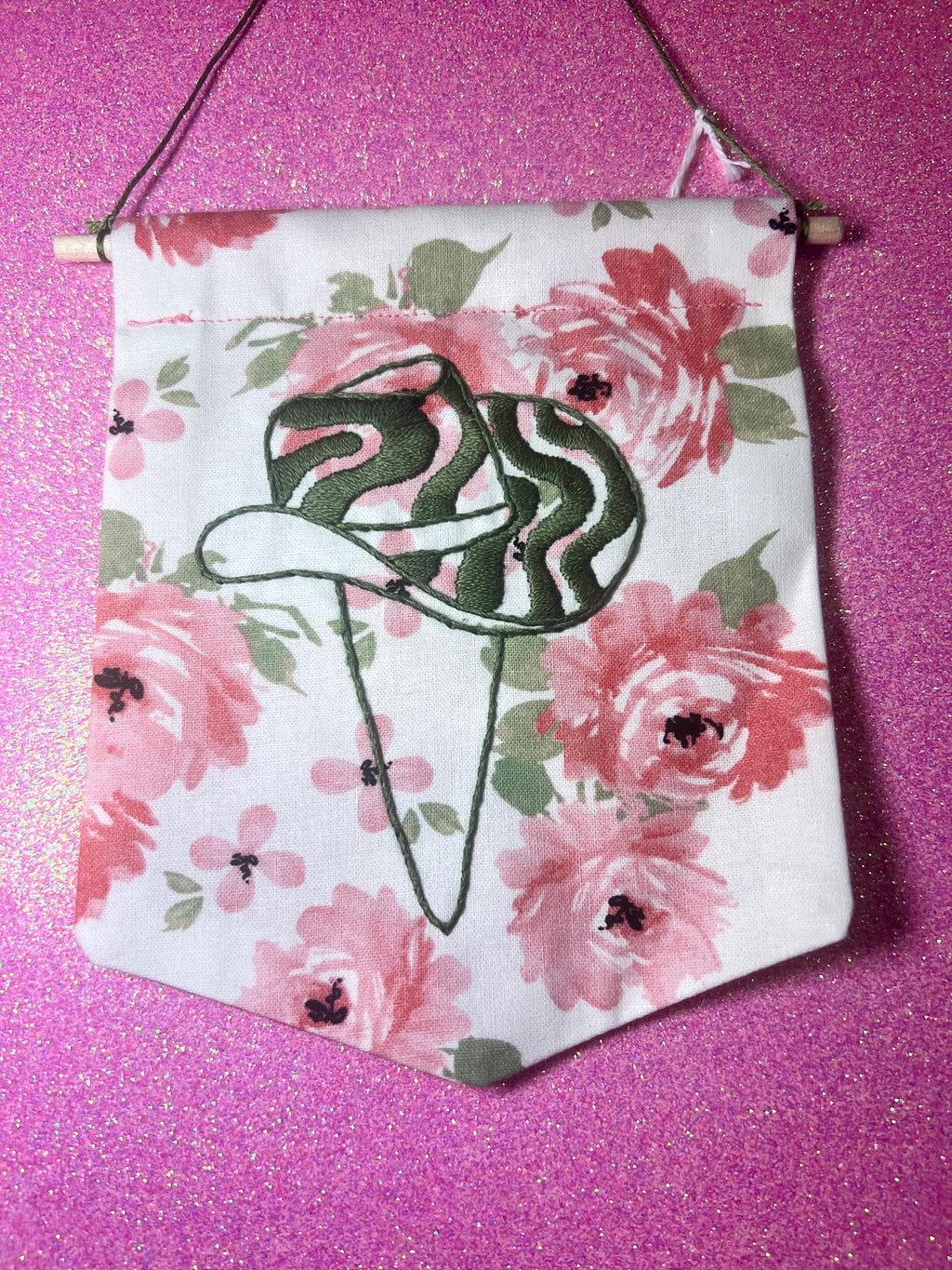 Green Groovy Cowboy Hat Finished Embroidered Wall Hanging