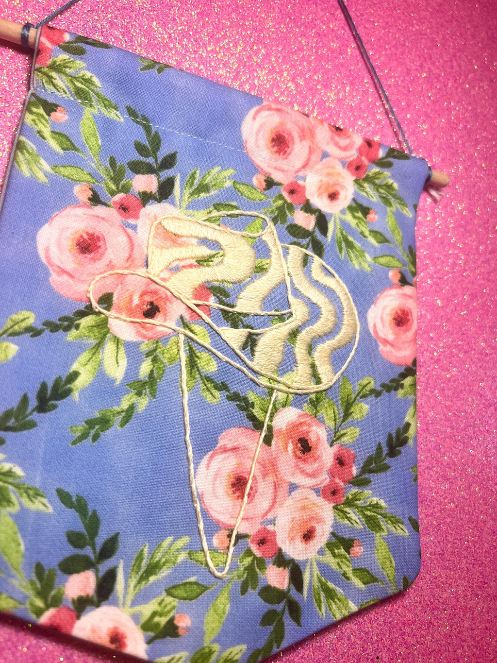 Blue Floral Groovy Cowboy Hat Finished Embroidered Wall Hanging