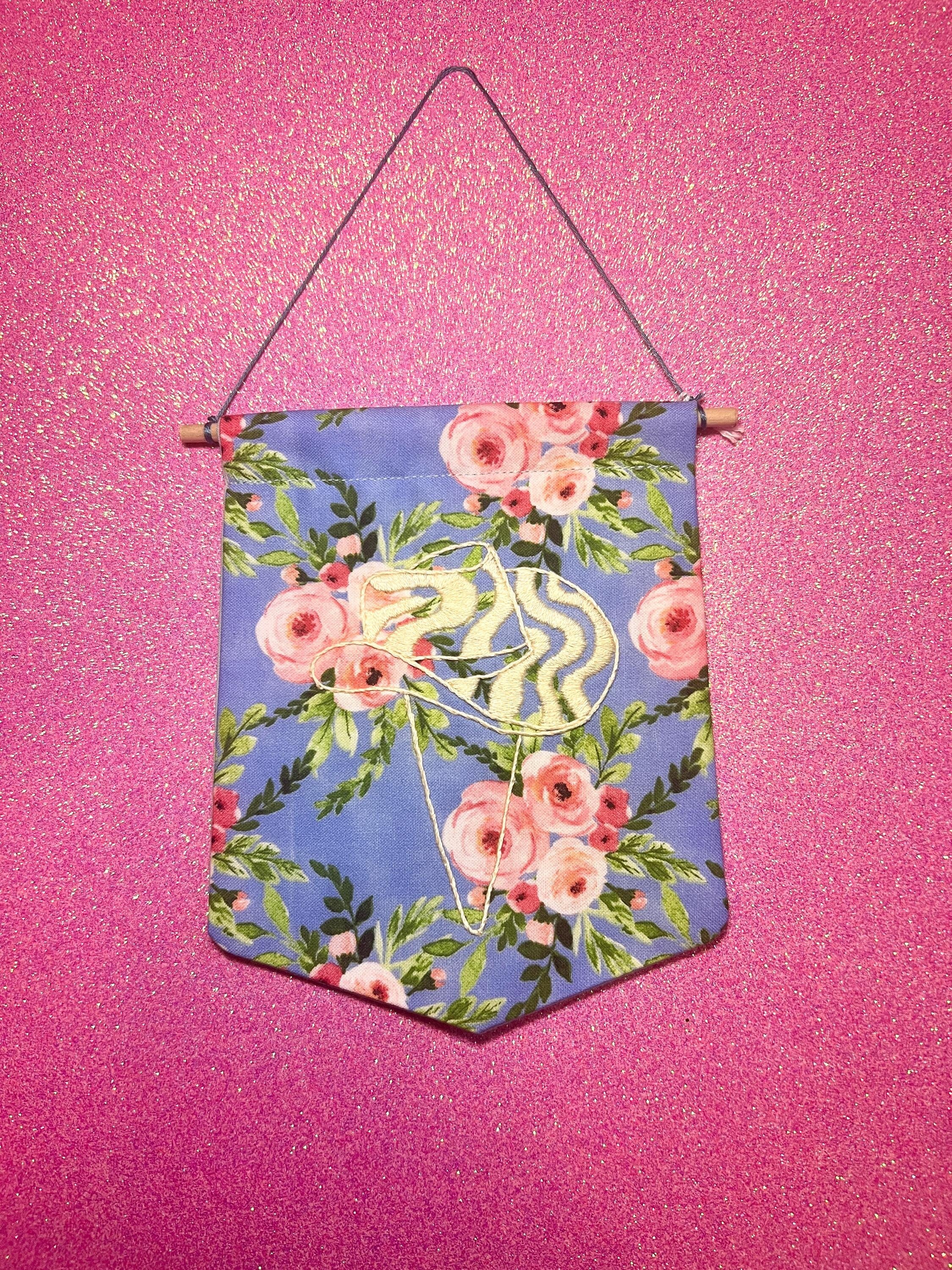 Blue Floral Groovy Cowboy Hat Finished Embroidered Wall Hanging