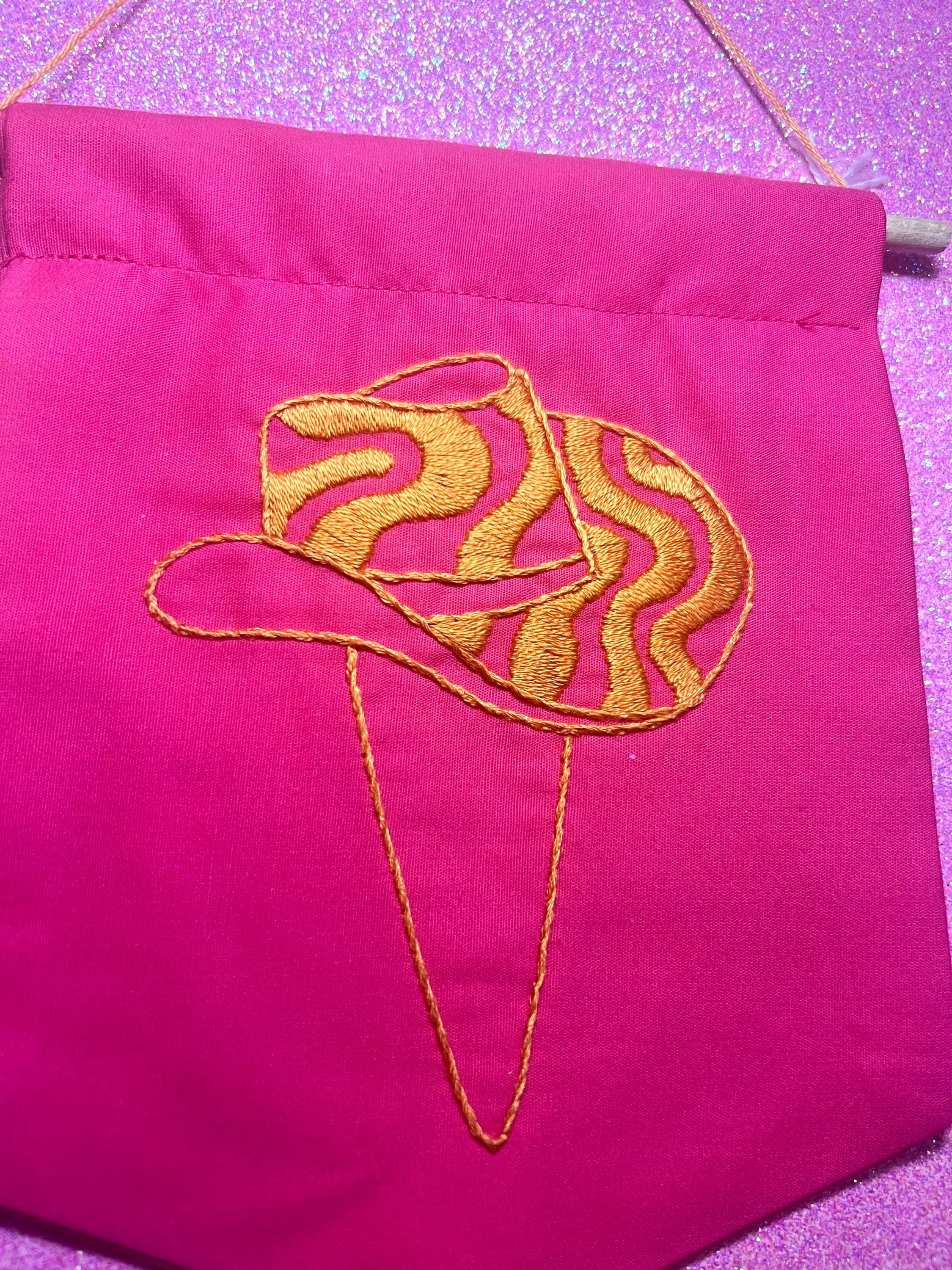 Neon Pink and Orange Groovy Cowboy Hat Finished Embroidered Wall Hanging