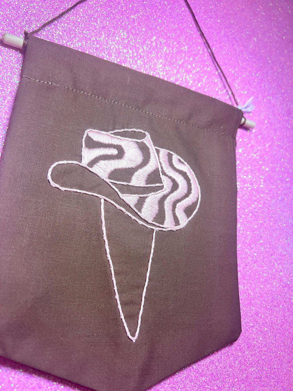 Brown and Pink Groovy Cowboy Hat Finished Embroidered Wall Hanging