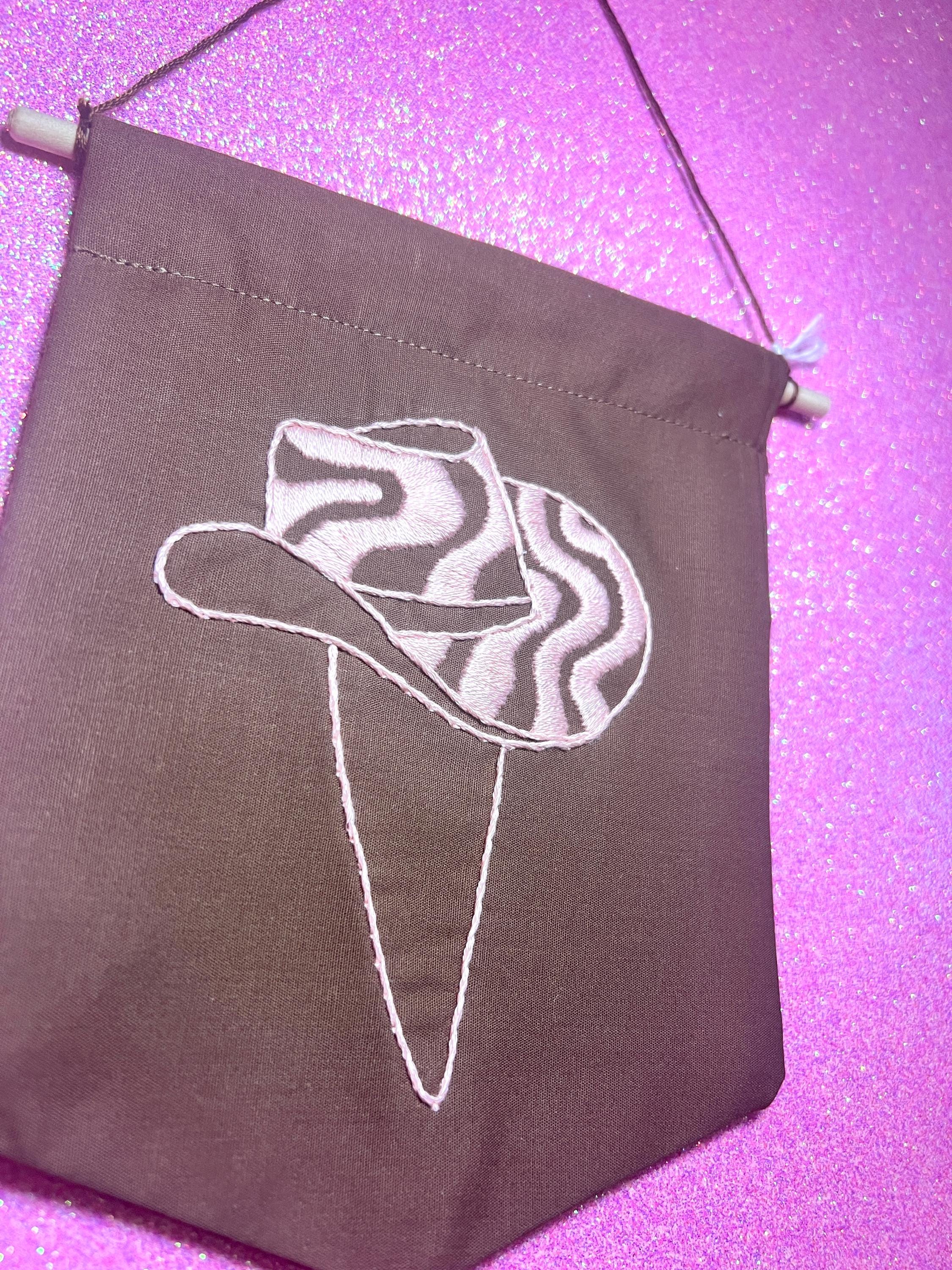 Brown and Pink Groovy Cowboy Hat Finished Embroidered Wall Hanging