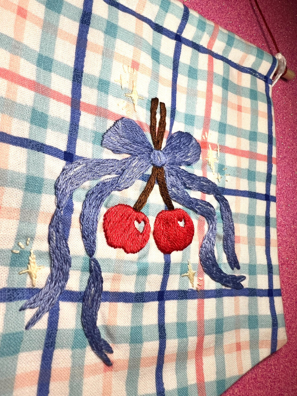 Plaid Coquette Style Cherry Bow Embroidered Wall Hanging