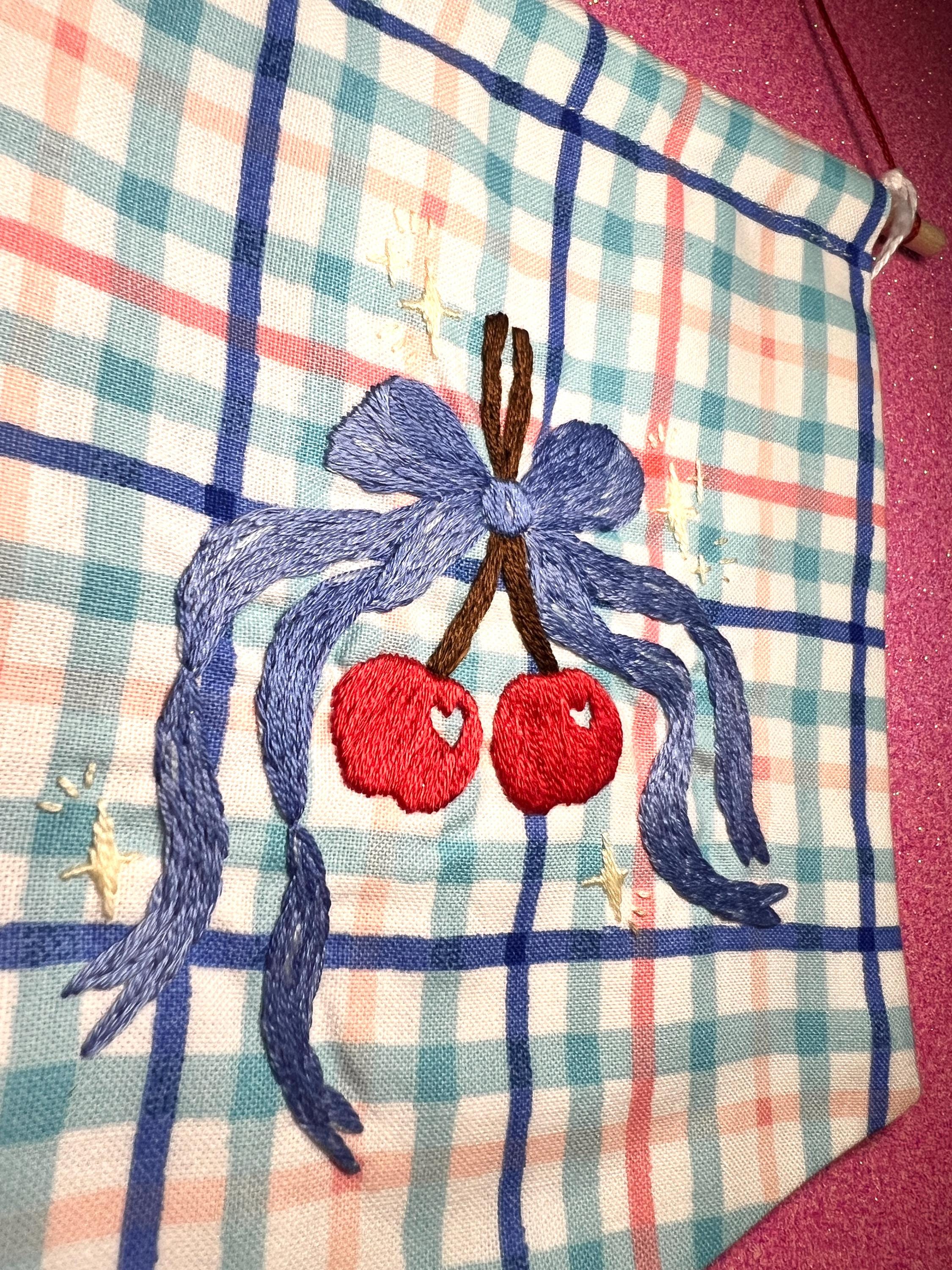Plaid Coquette Style Cherry Bow Embroidered Wall Hanging