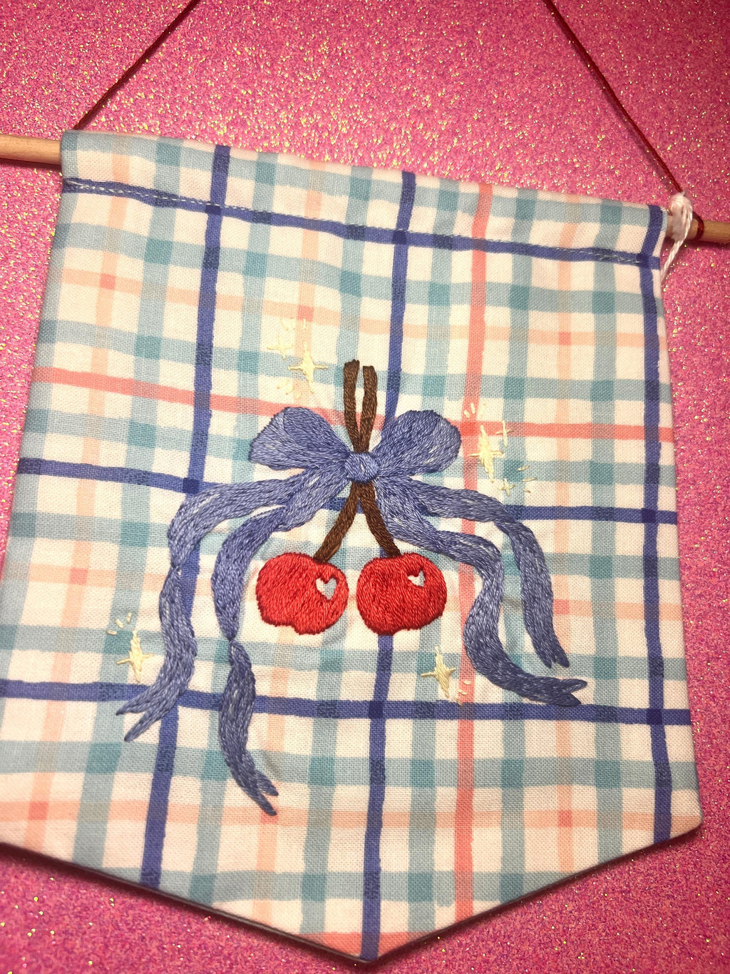 Plaid Coquette Style Cherry Bow Embroidered Wall Hanging