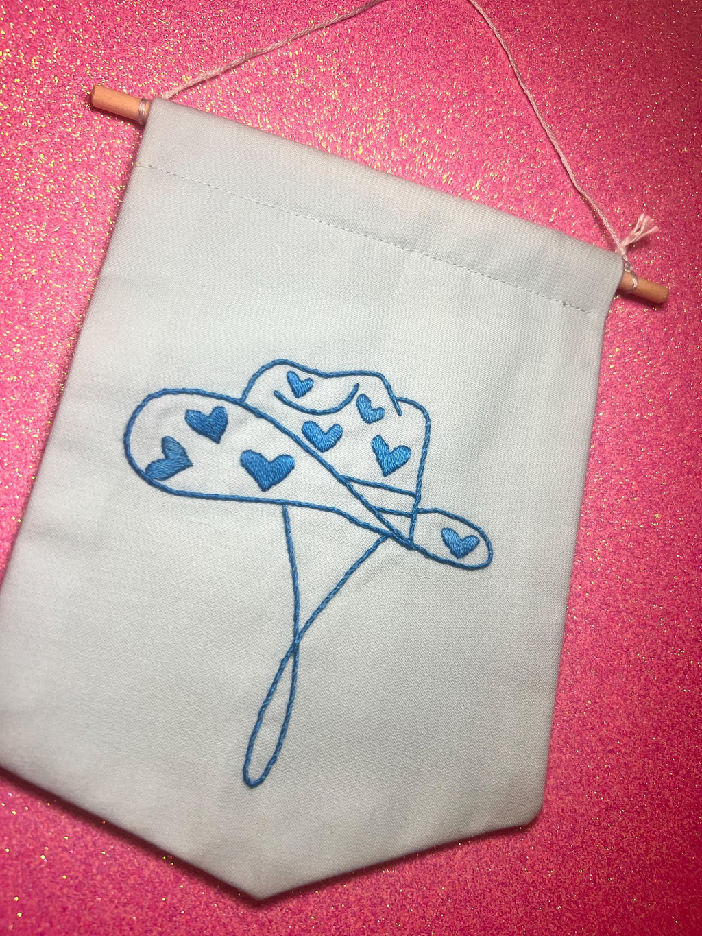 Blue Heart Cowboy Hat Finished Embroidered Wall Hanging