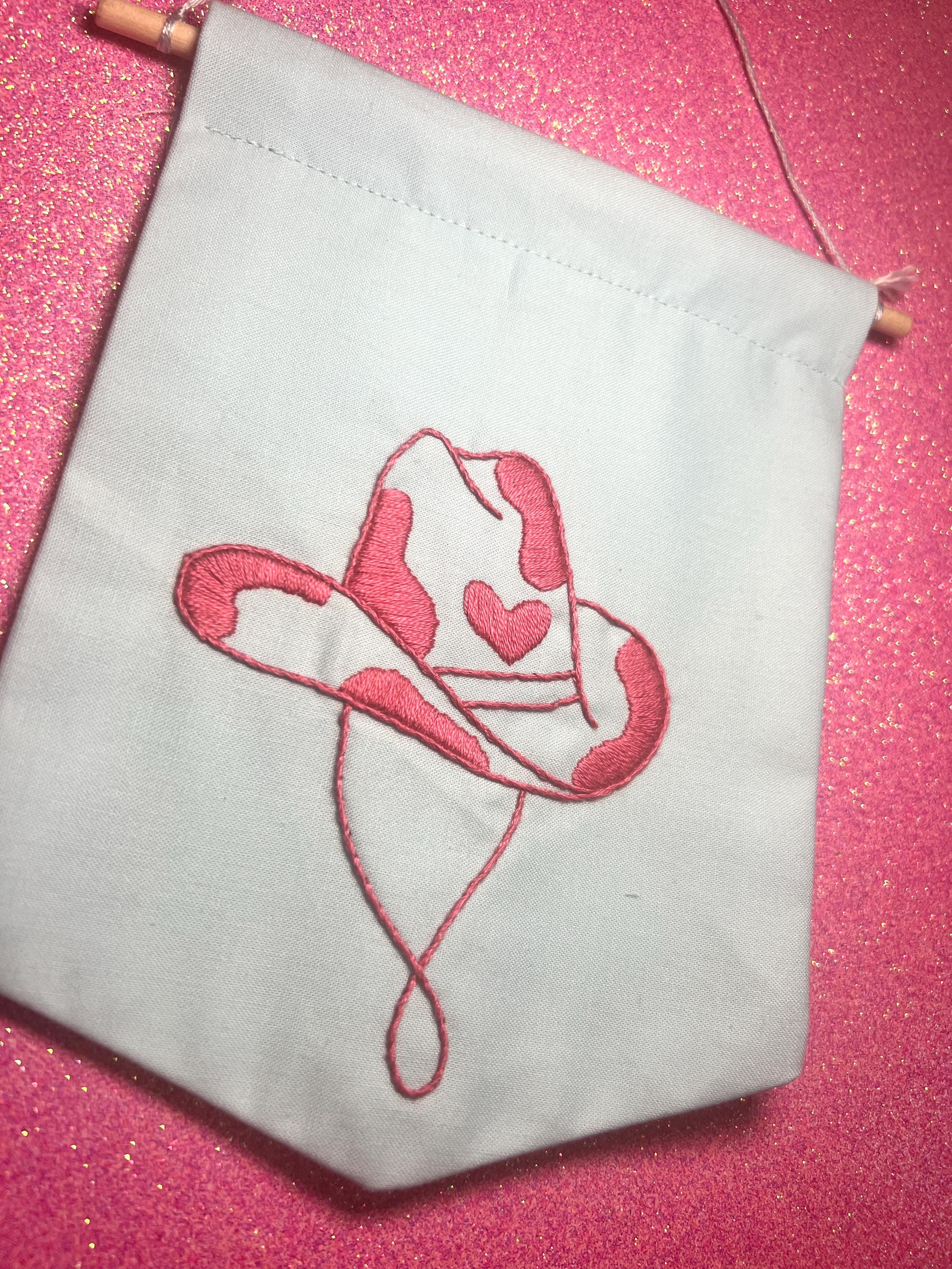 Pink Cow Cowboy Hat Finished Embroidered Wall Hanging