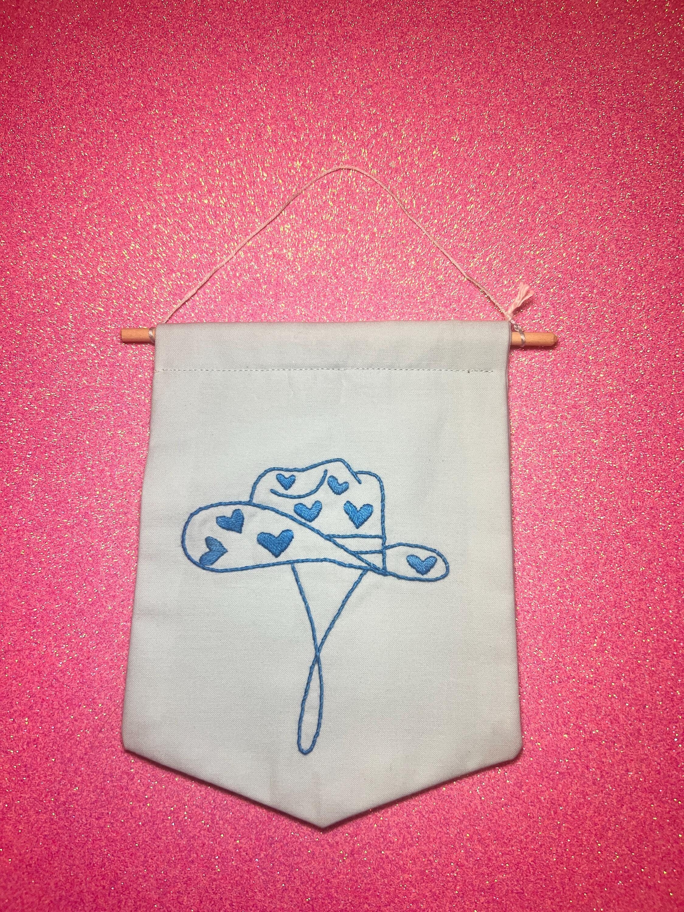 Blue Heart Cowboy Hat Finished Embroidered Wall Hanging