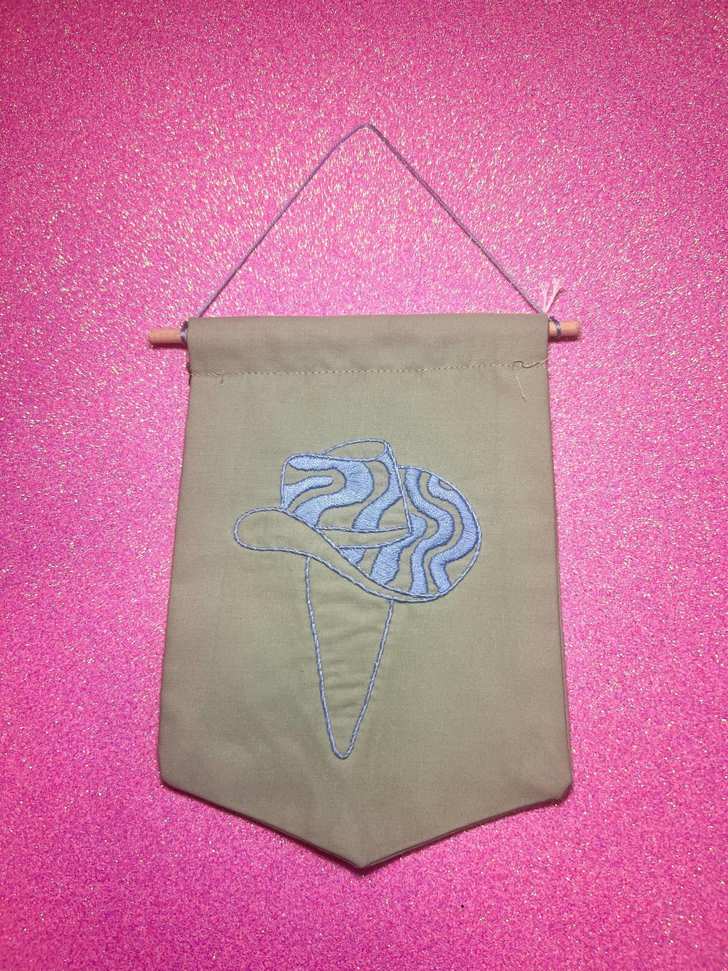 Light Blue Groovy Cowboy Hat Finished Embroidered Wall Hanging
