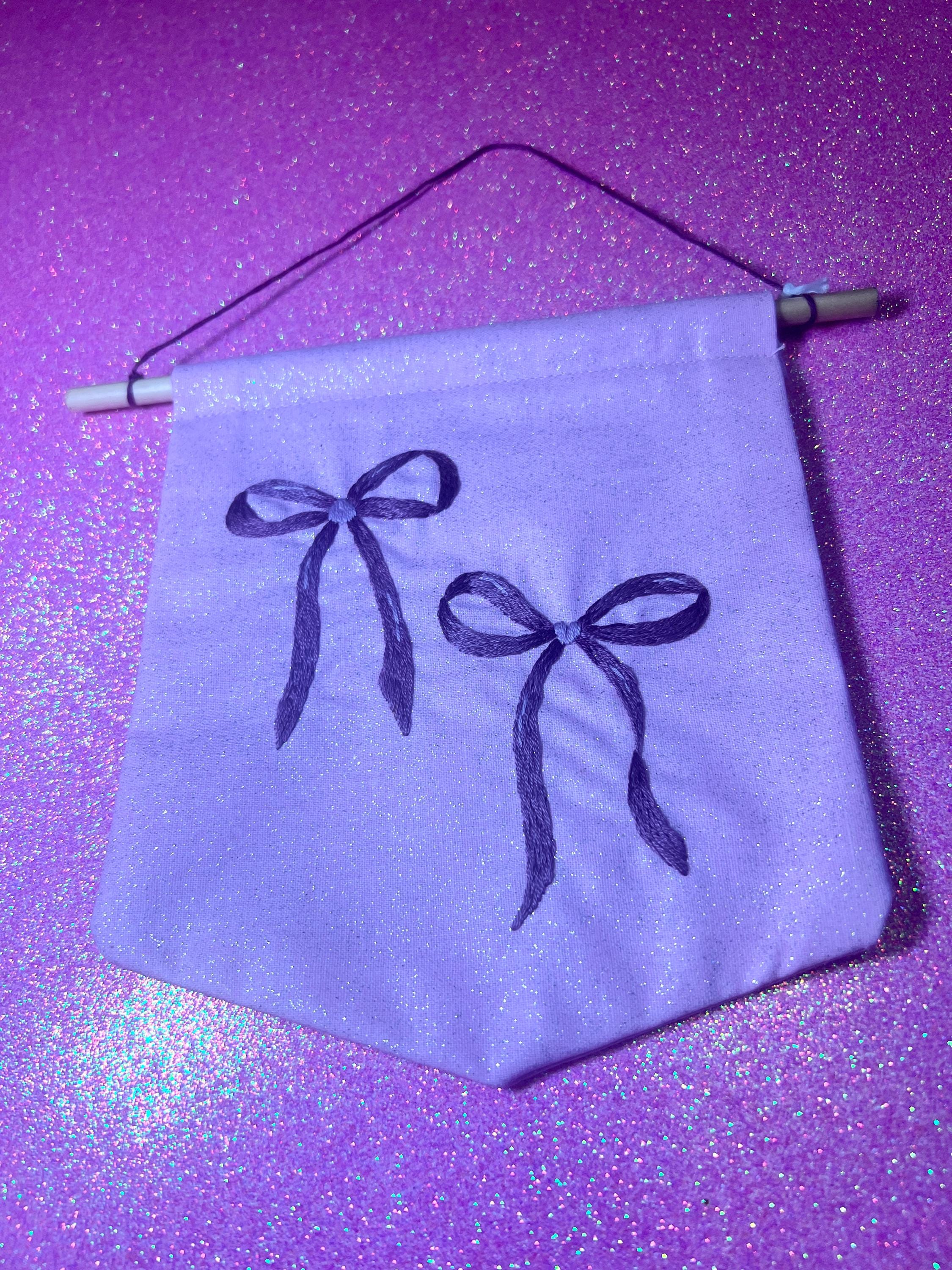 Coquette Purple Heart Bow Embroidered Wall Hanging