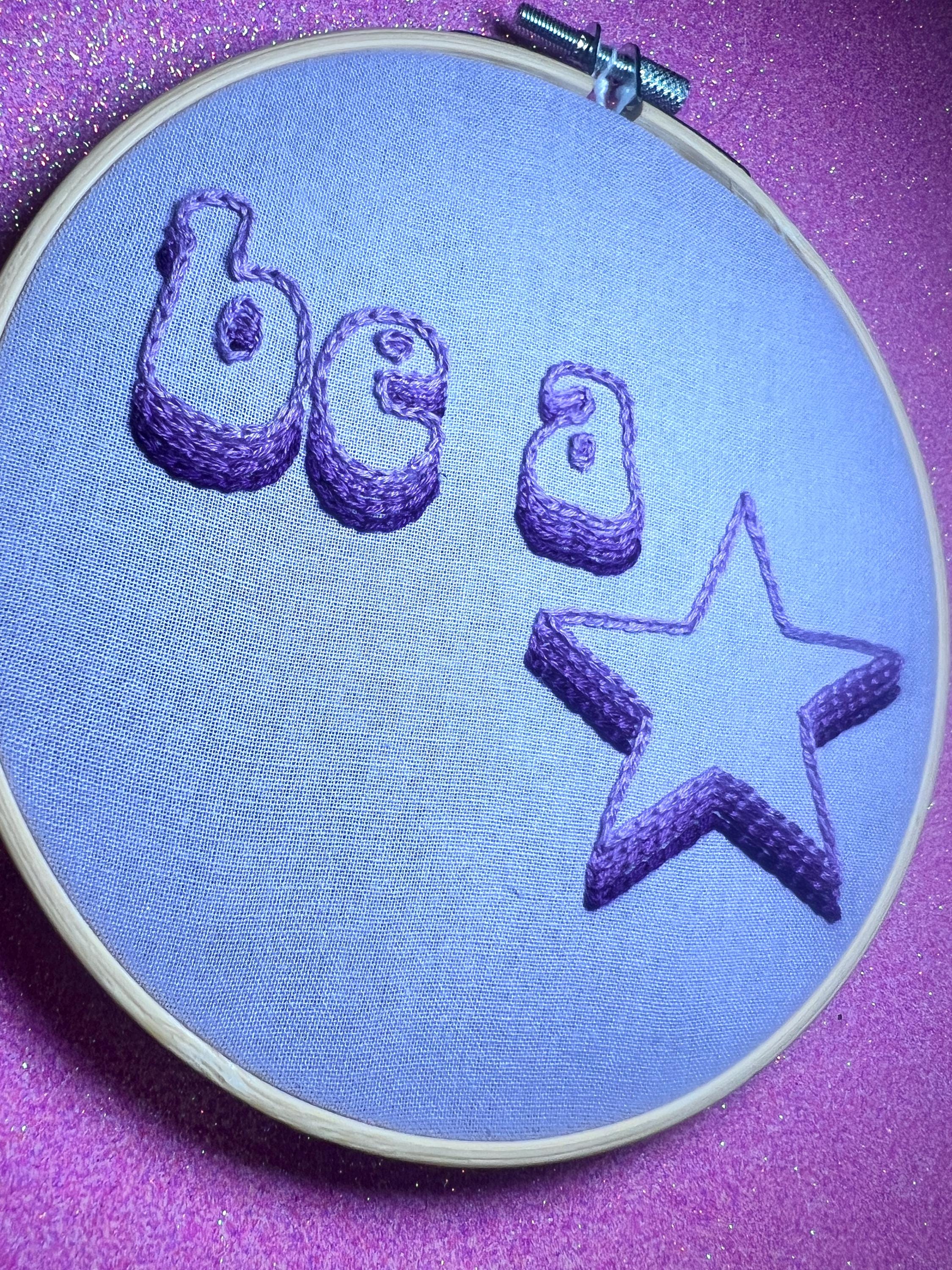 Be a Star Finished Embroidery Hoop on Purple Fabric