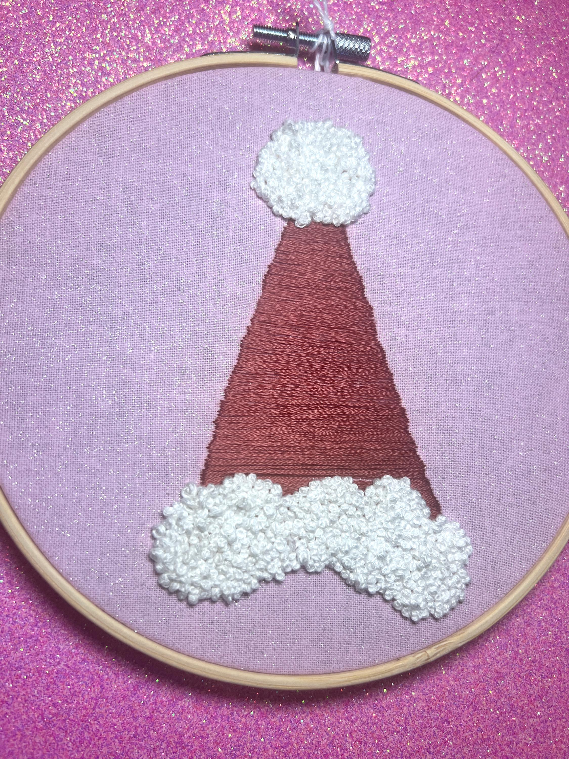 Santa Hat Finished Embroidery Hoop on Pink Fabric