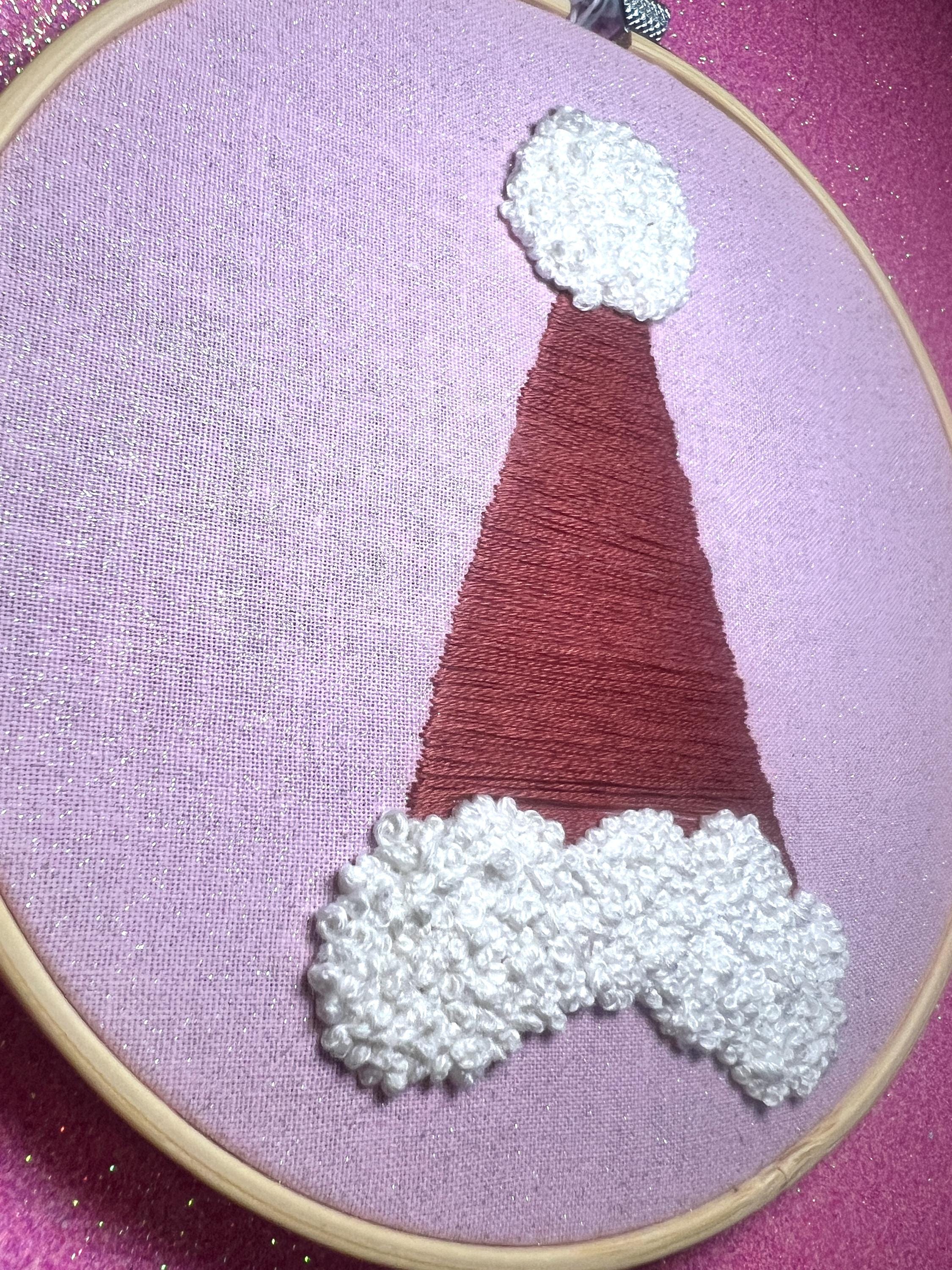 Santa Hat Finished Embroidery Hoop on Pink Fabric