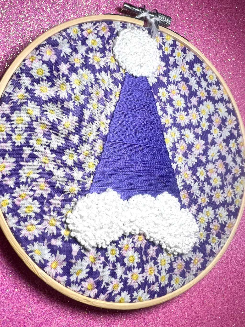 Santa Hat Finished Embroidery Hoop on Purple Floral Fabric