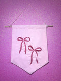 Coquette Pink Heart Bow Embroidered Wall Hanging