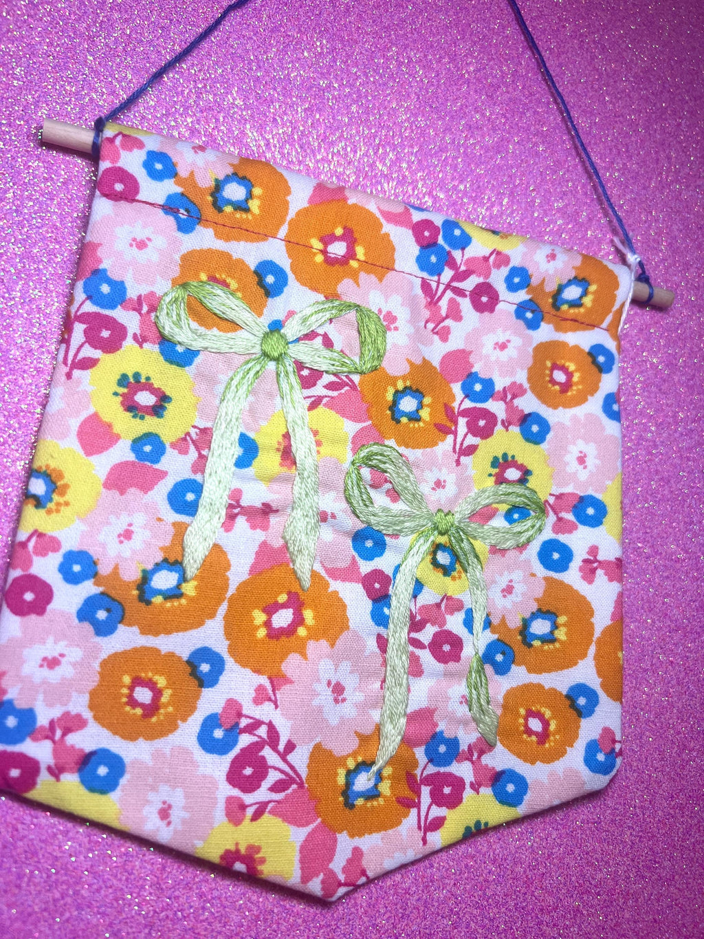 Floral Lime Green Bow Embroidered Wall Hanging