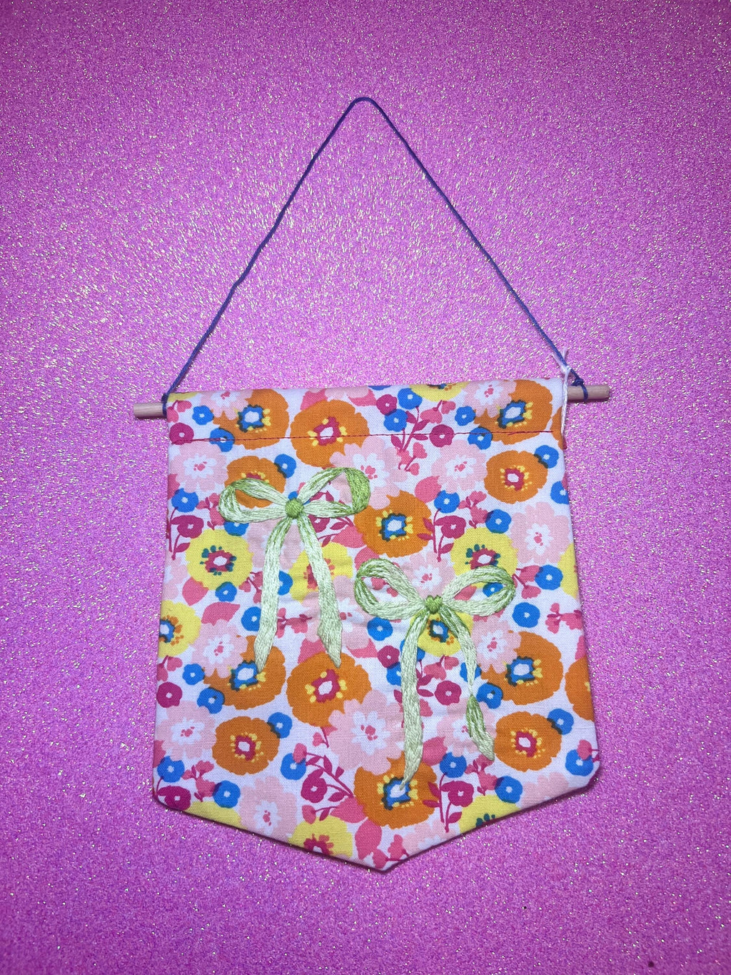 Floral Lime Green Bow Embroidered Wall Hanging