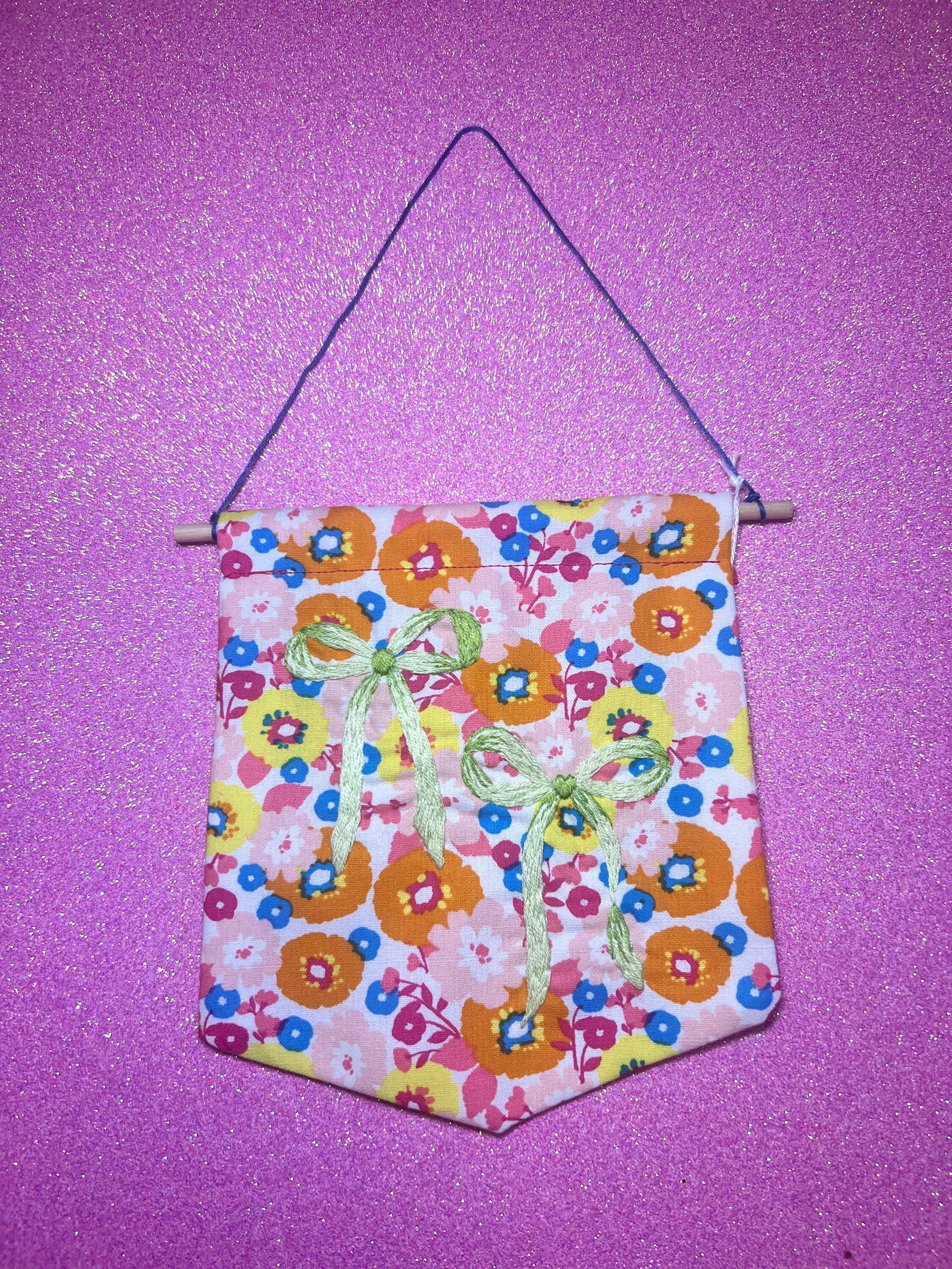 Floral Lime Green Bow Embroidered Wall Hanging