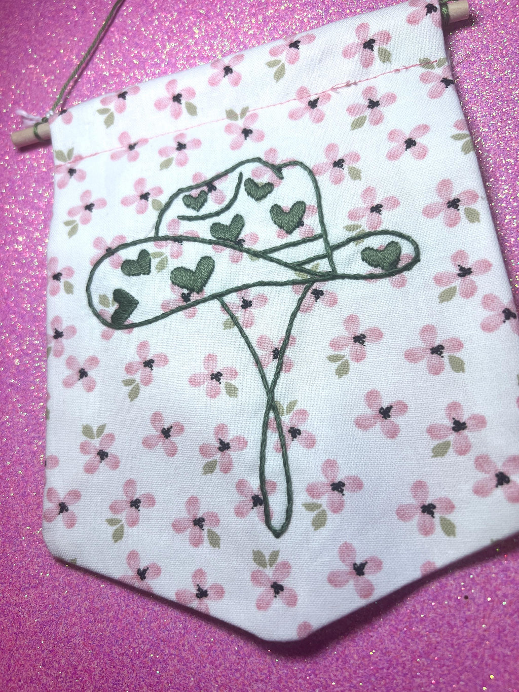 Pink Floral and Green Heart Cowboy Hat Finished Embroidered Wall Hanging