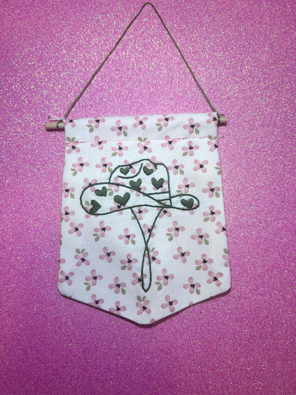 Pink Floral and Green Heart Cowboy Hat Finished Embroidered Wall Hanging