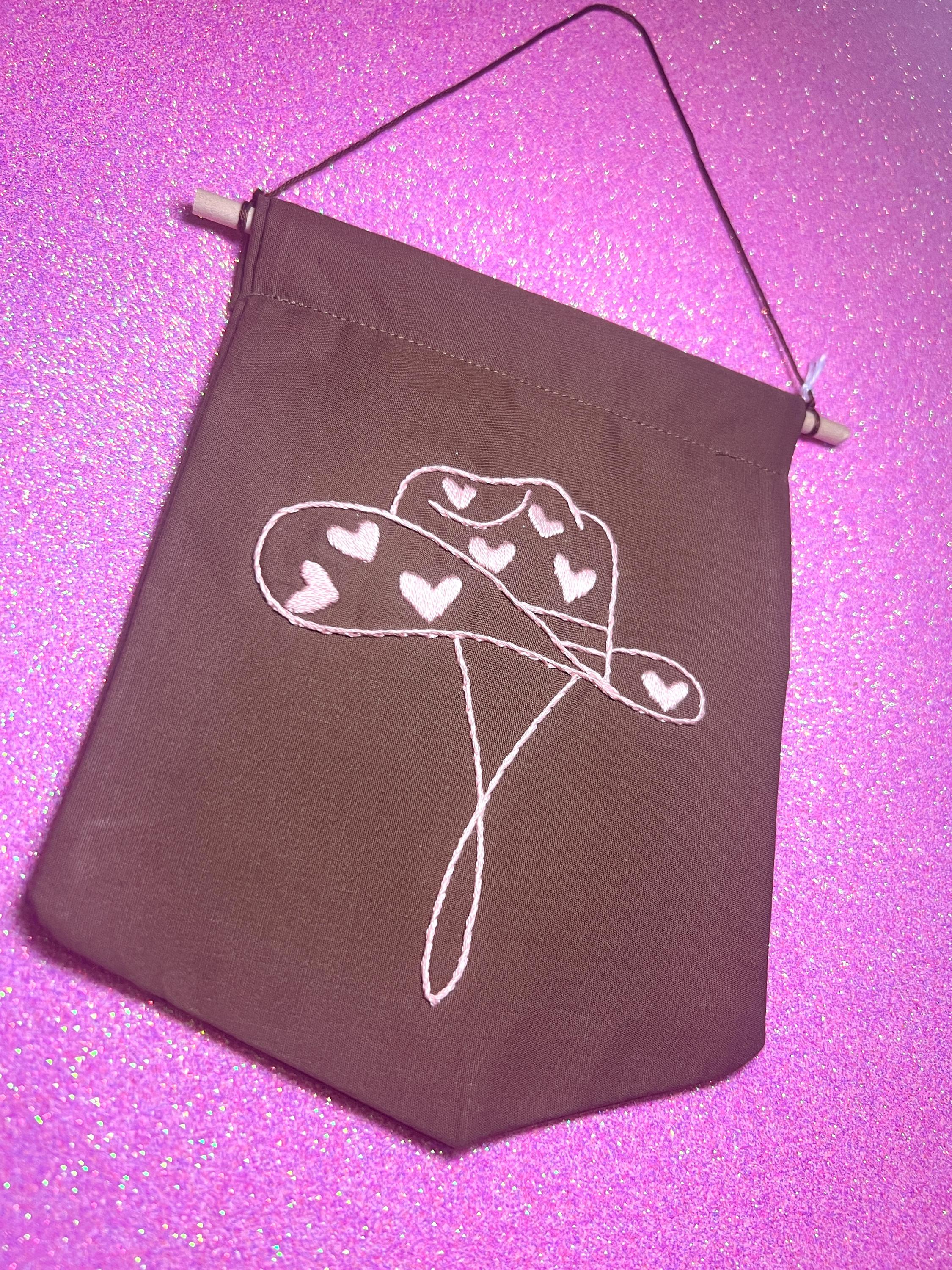 Brown and Pink Heart Cowboy Hat Finished Embroidered Wall Hanging