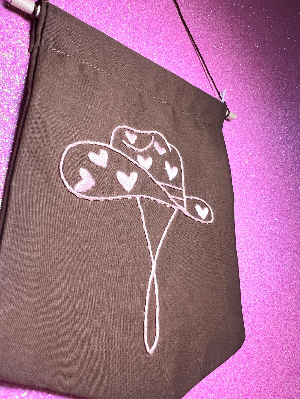 Brown and Pink Heart Cowboy Hat Finished Embroidered Wall Hanging