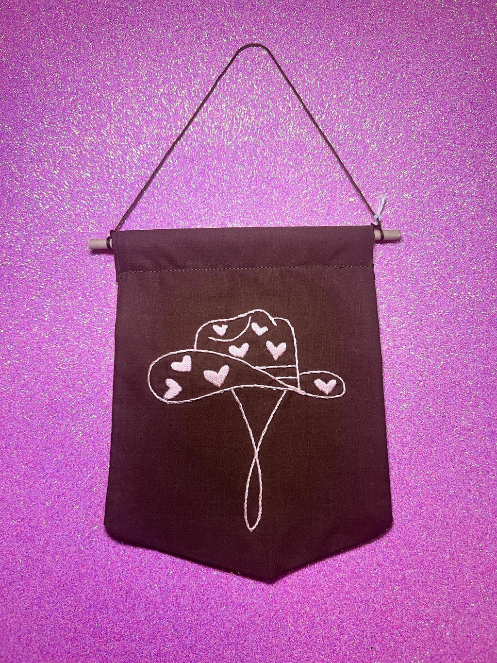 Brown and Pink Heart Cowboy Hat Finished Embroidered Wall Hanging