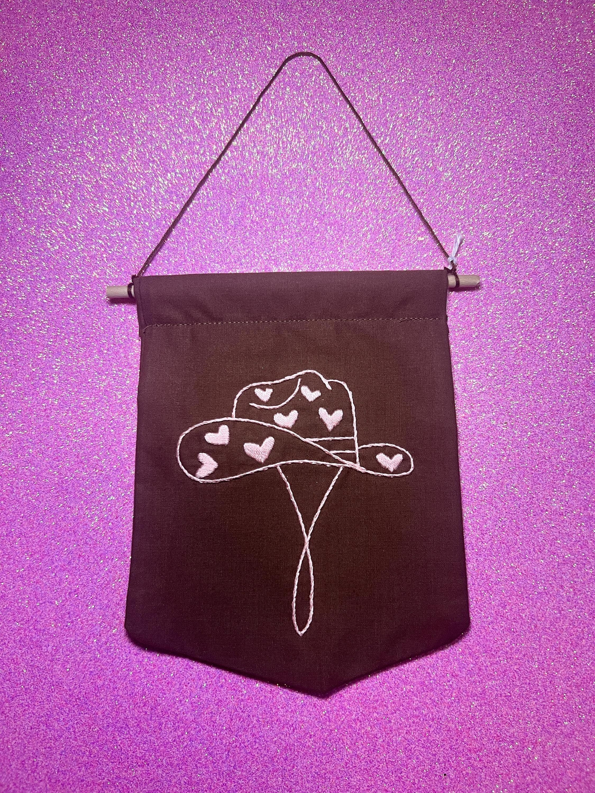 Brown and Pink Heart Cowboy Hat Finished Embroidered Wall Hanging