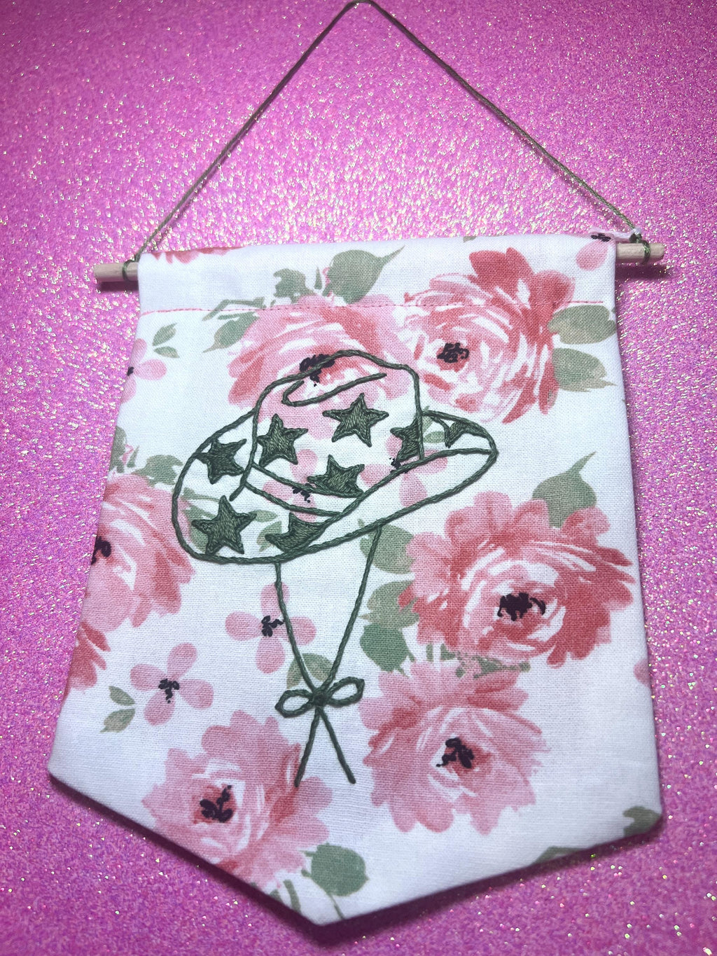 Green Floral Star Cowboy Hat Finished Embroidered Wall Hanging
