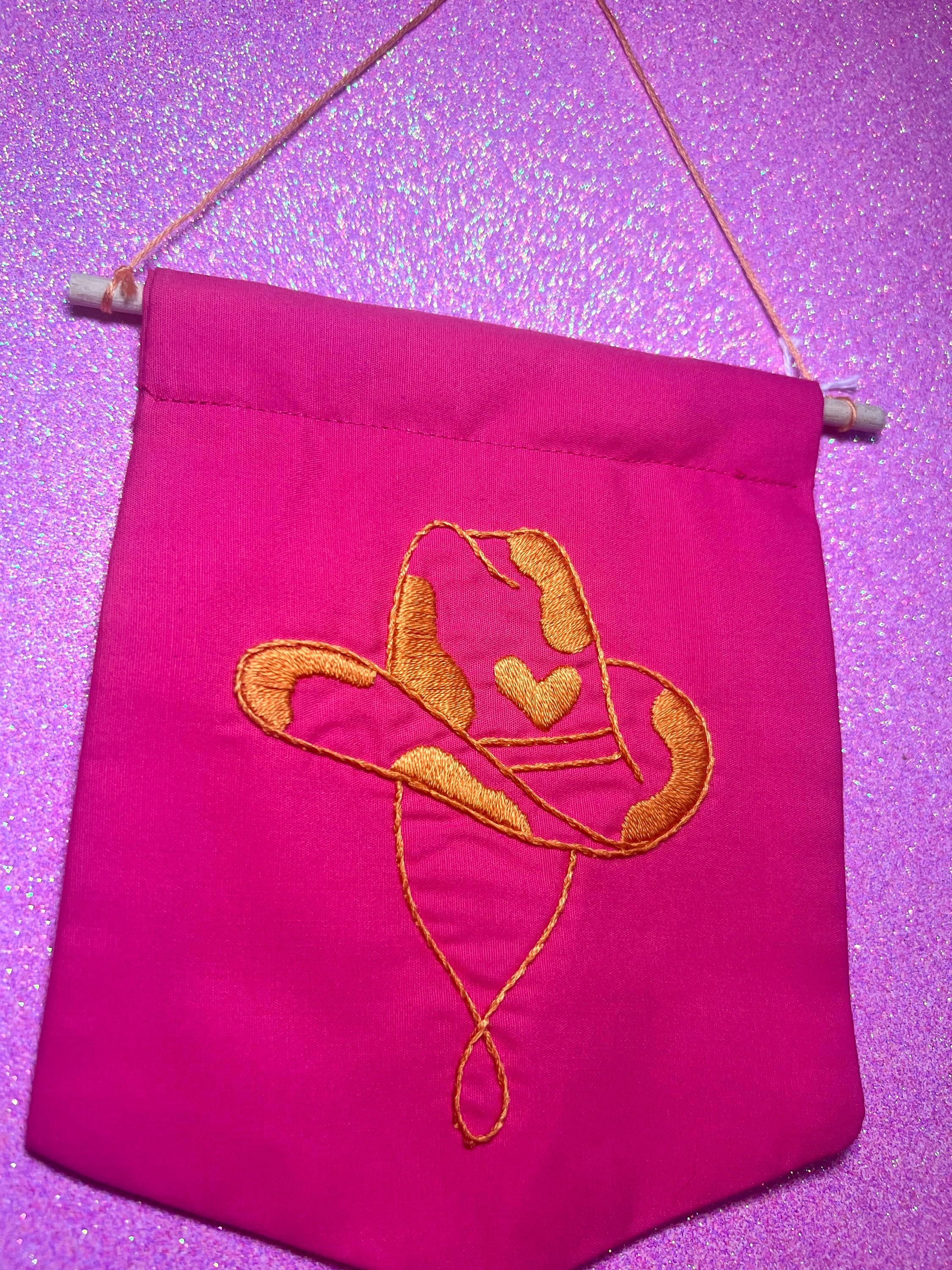 Neon Pink and Orange Cow Cowboy Hat Finished Embroidered Wall Hanging