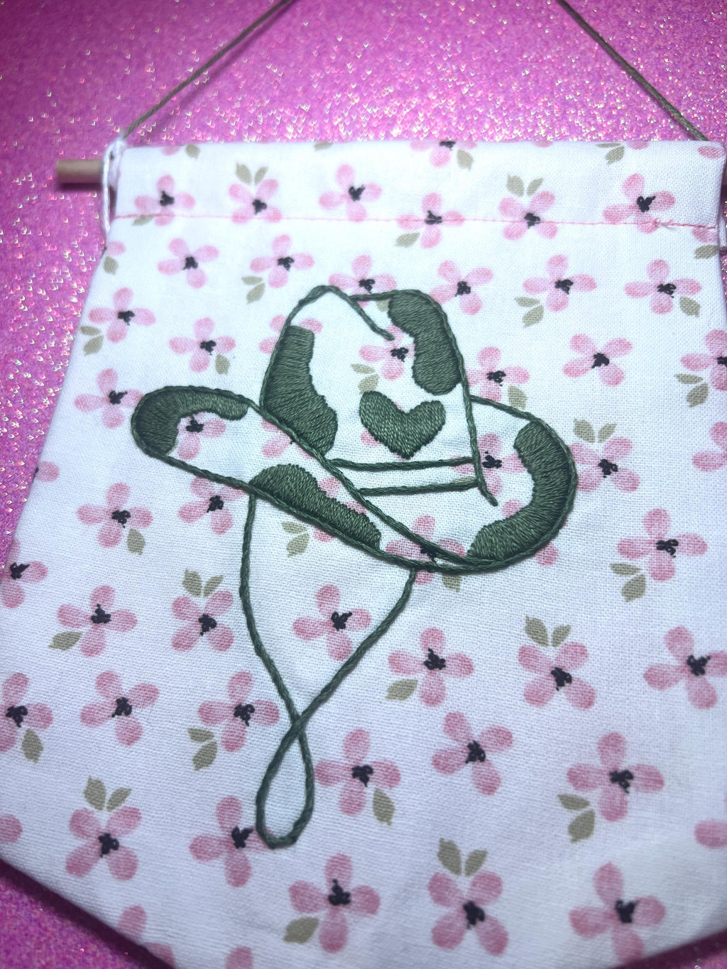Pink Floral and Green Cow Cowboy Hat Finished Embroidered Wall Hanging