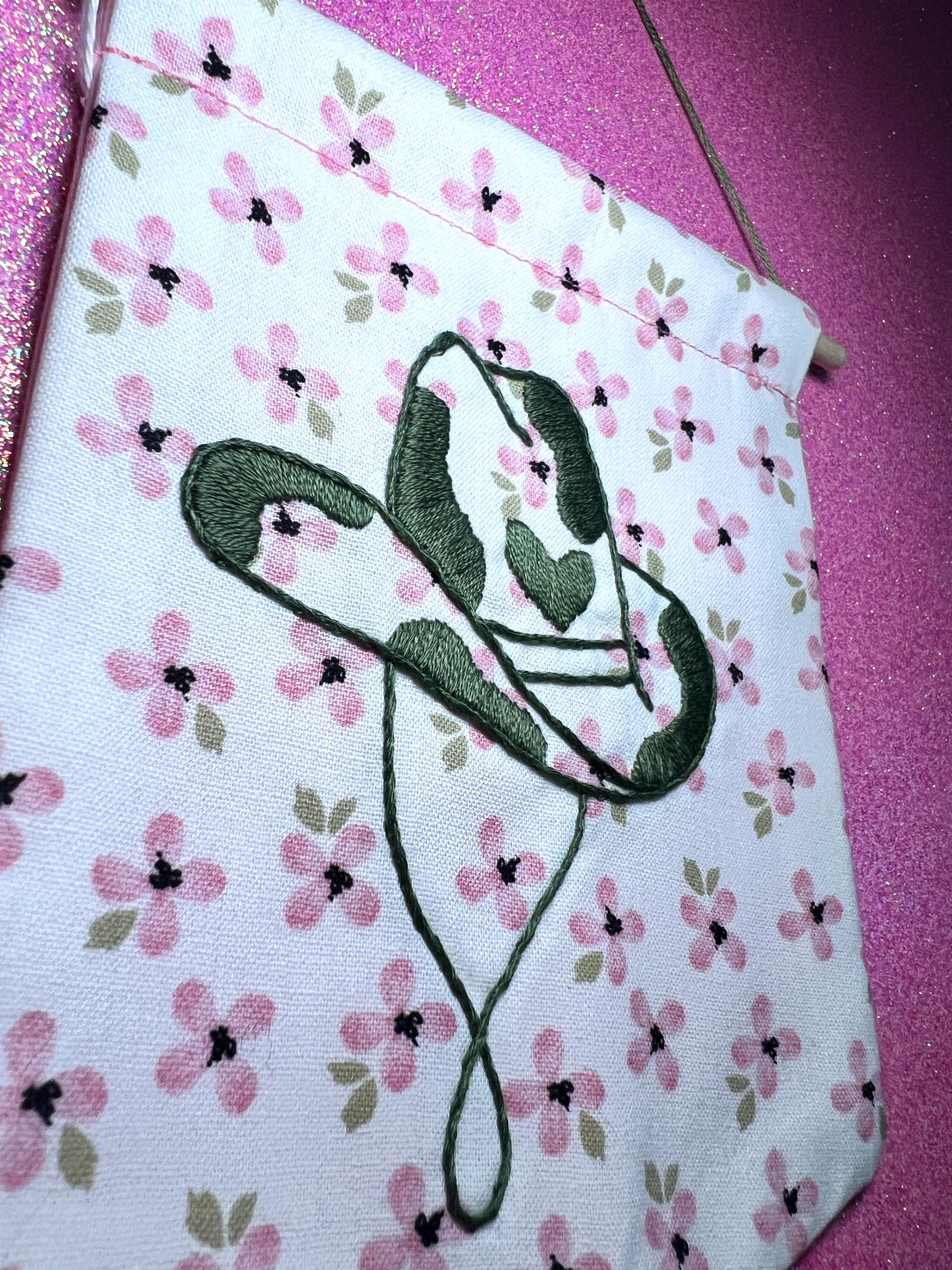 Pink Floral and Green Cow Cowboy Hat Finished Embroidered Wall Hanging