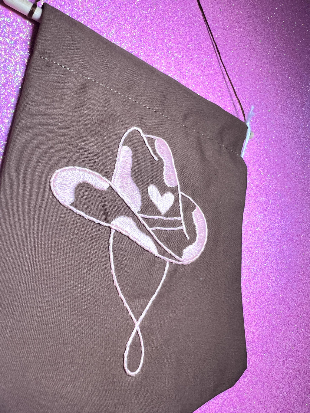 Brown and Pink Cow Cowboy Hat Finished Embroidered Wall Hanging