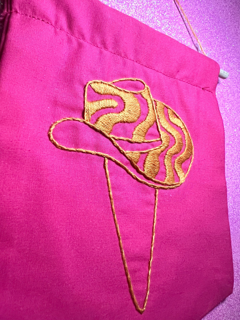 Neon Pink and Orange Groovy Cowboy Hat Finished Embroidered Wall Hanging