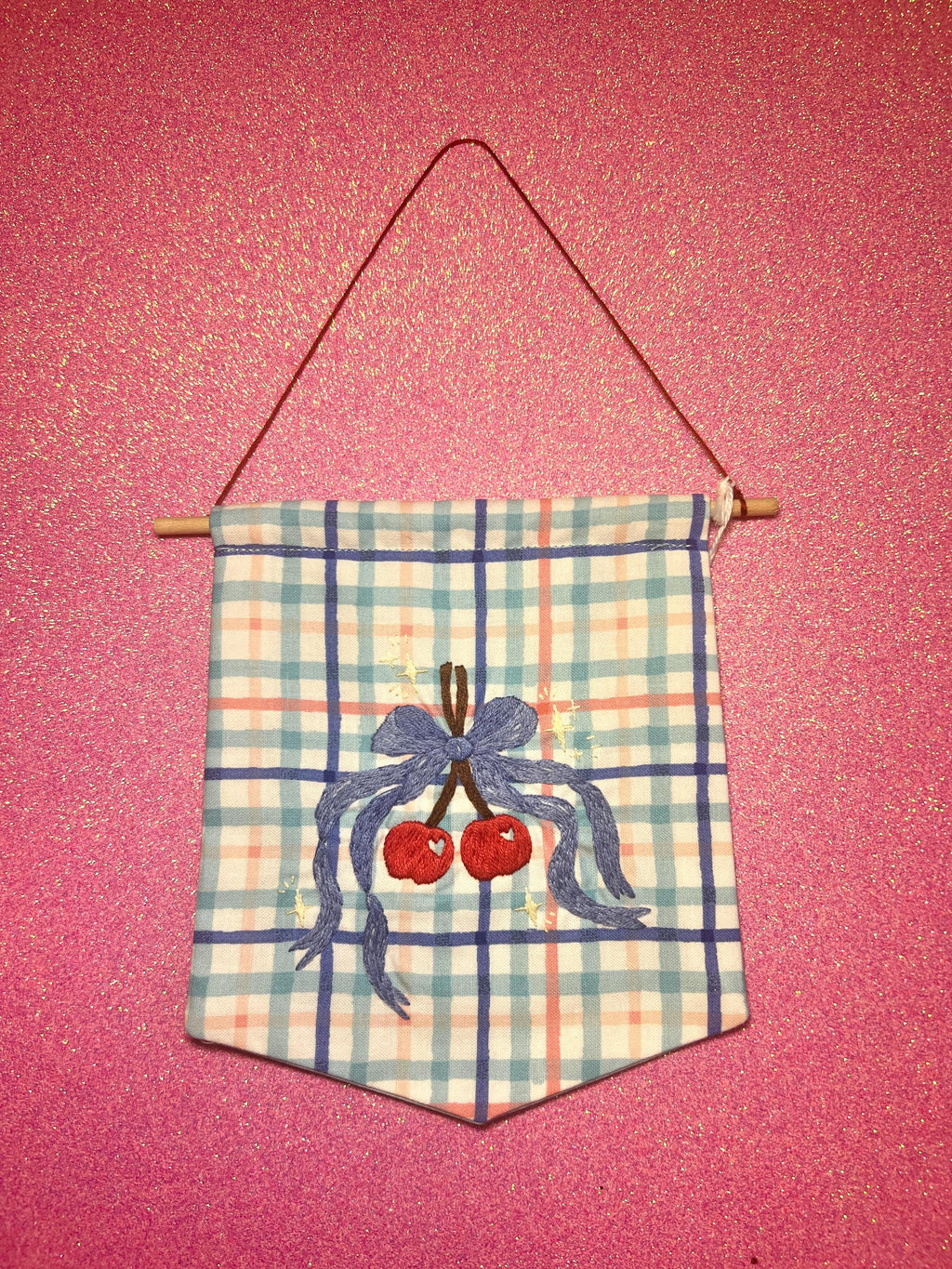 Plaid Coquette Style Cherry Bow Embroidered Wall Hanging