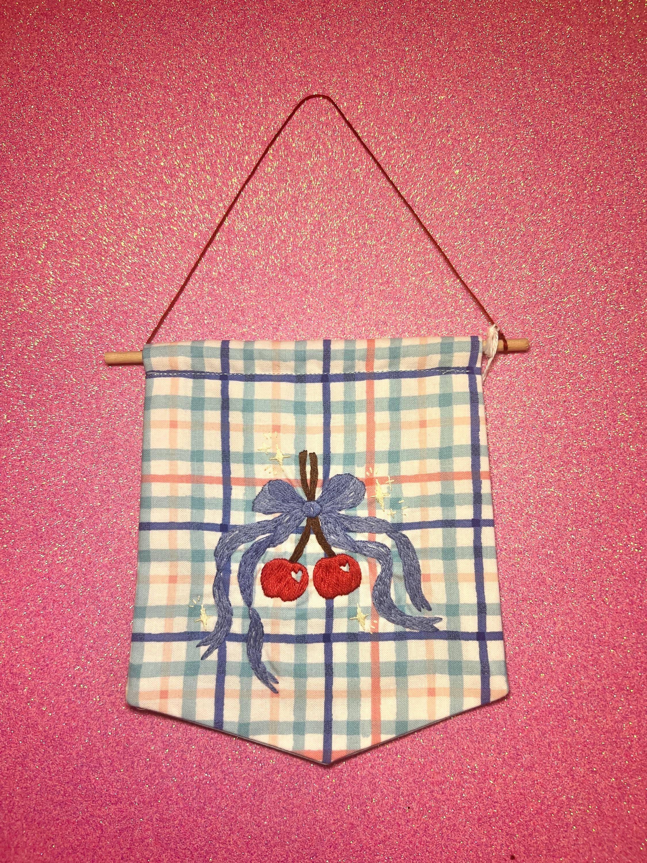 Plaid Coquette Style Cherry Bow Embroidered Wall Hanging