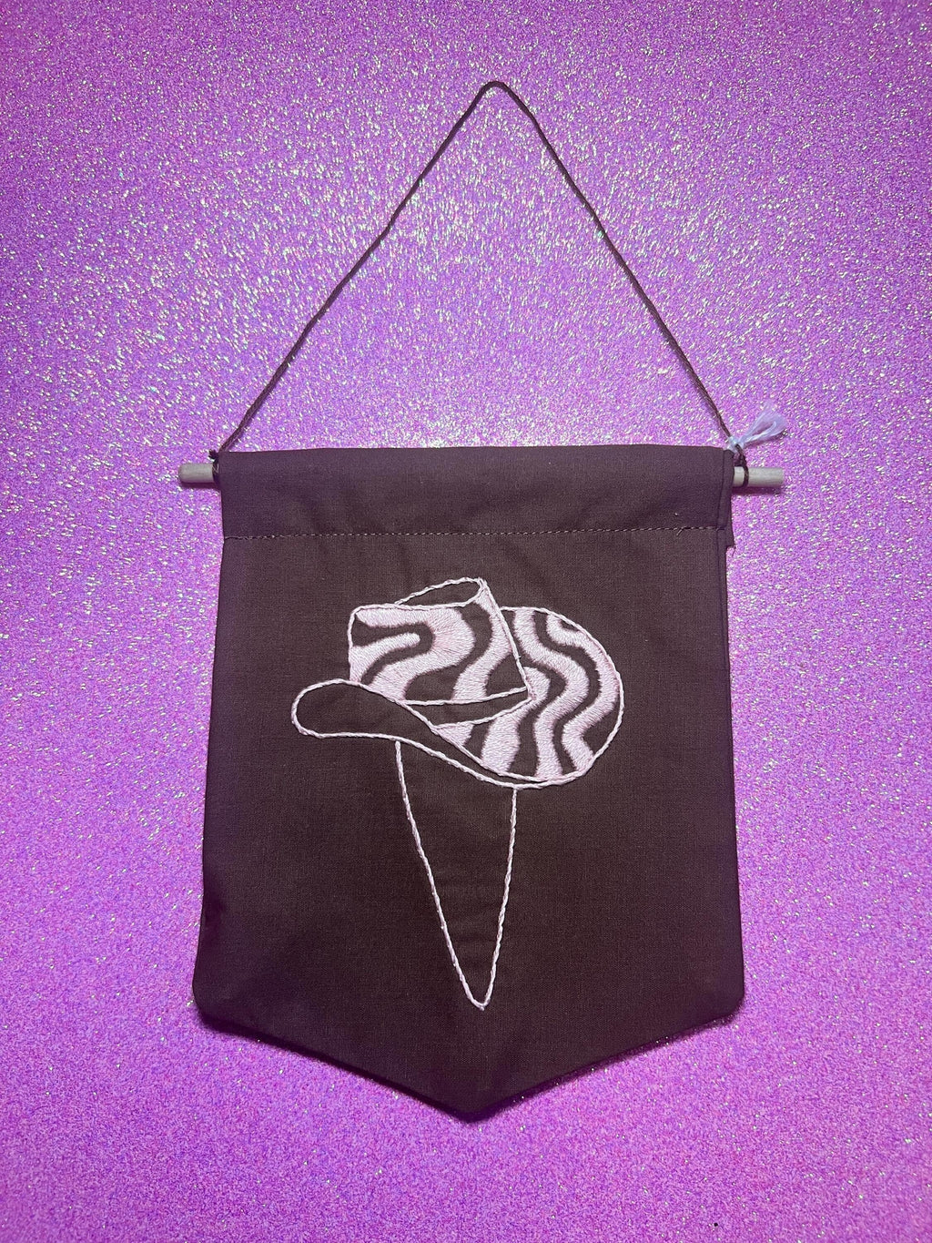 Brown and Pink Groovy Cowboy Hat Finished Embroidered Wall Hanging