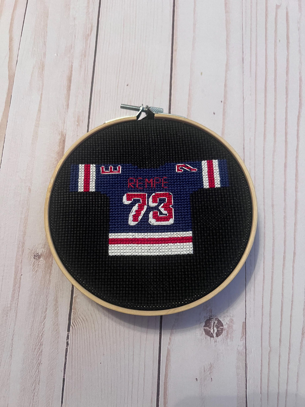 New York Rangers Inspired Hockey Jersey Finished Cross Stitch