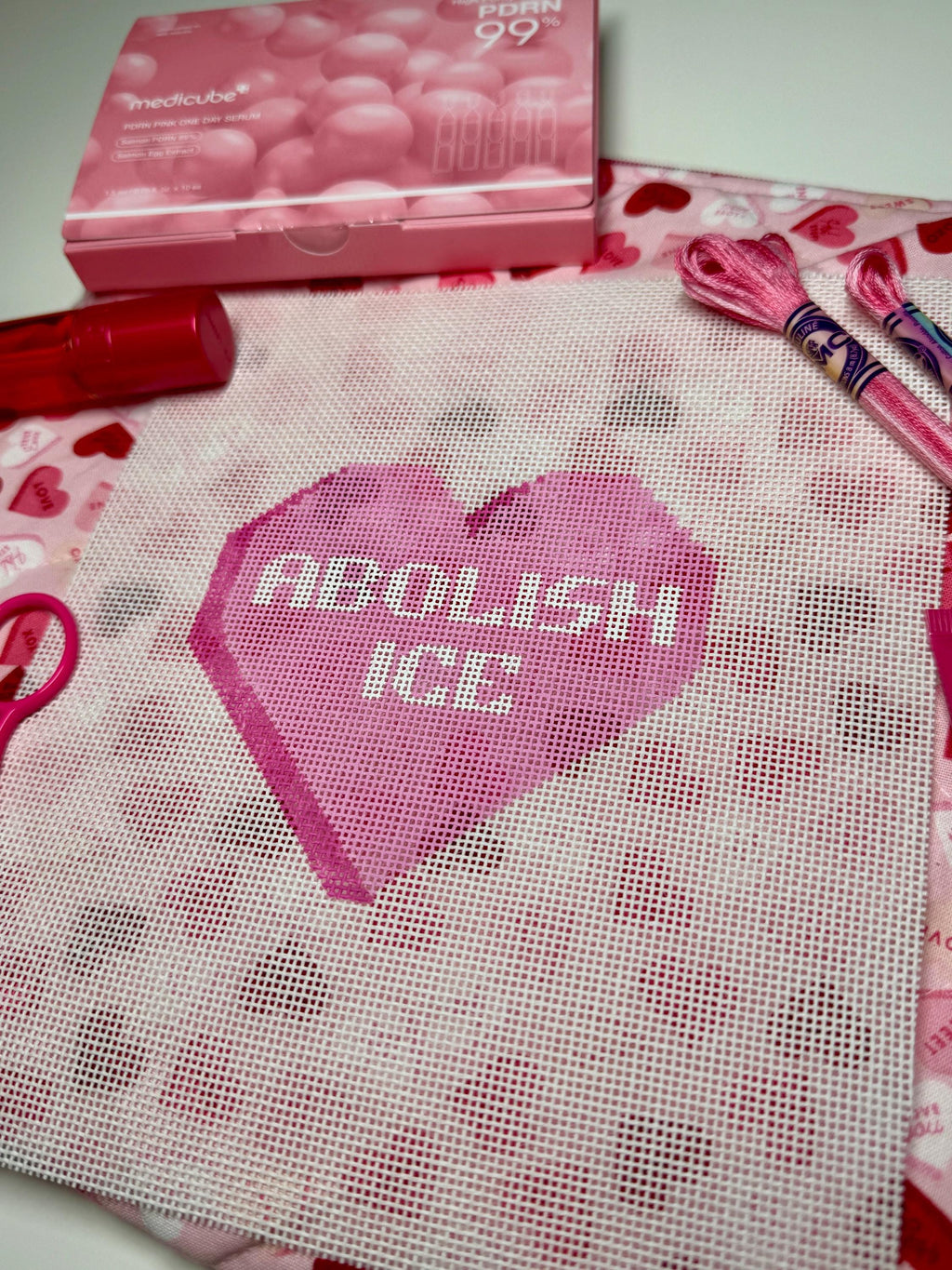 ABOLISH ICE Conversation Heart Hand Painted Needlepoint Canvas