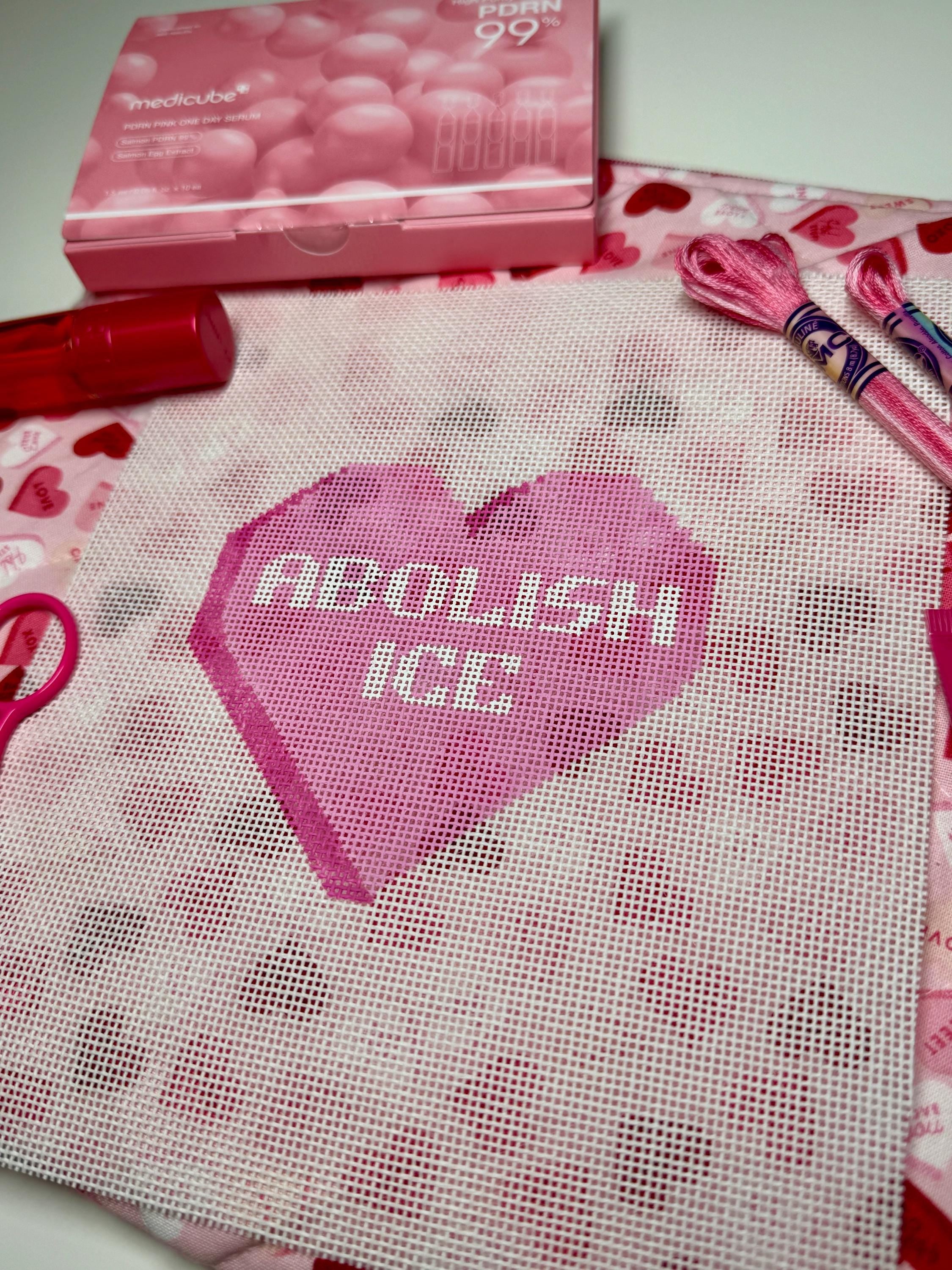 ABOLISH ICE Conversation Heart Hand Painted Needlepoint Canvas